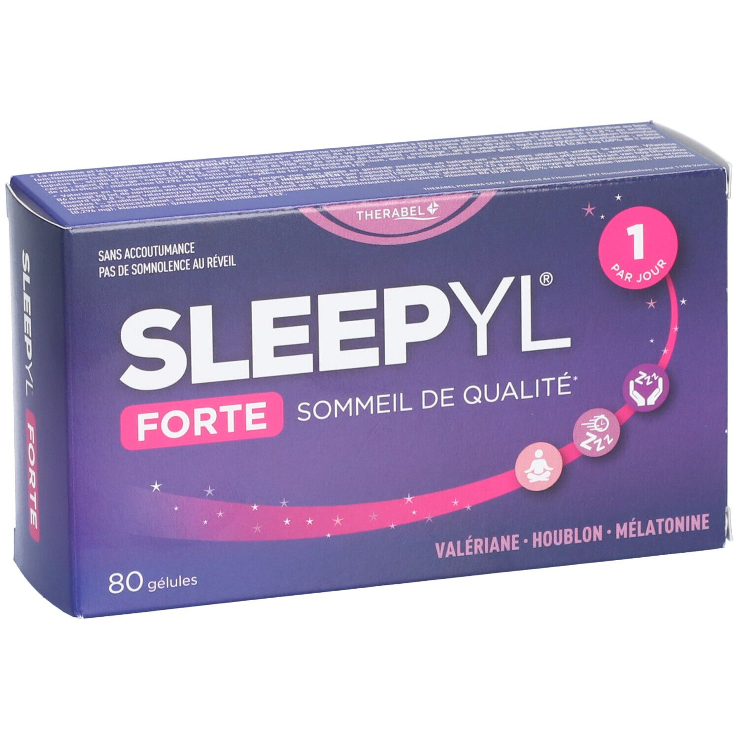 Boîte de Sleepyl® Forte. Inscription: 80 gélules, valériane, houblon, mélatonine. Design violet et blanc.