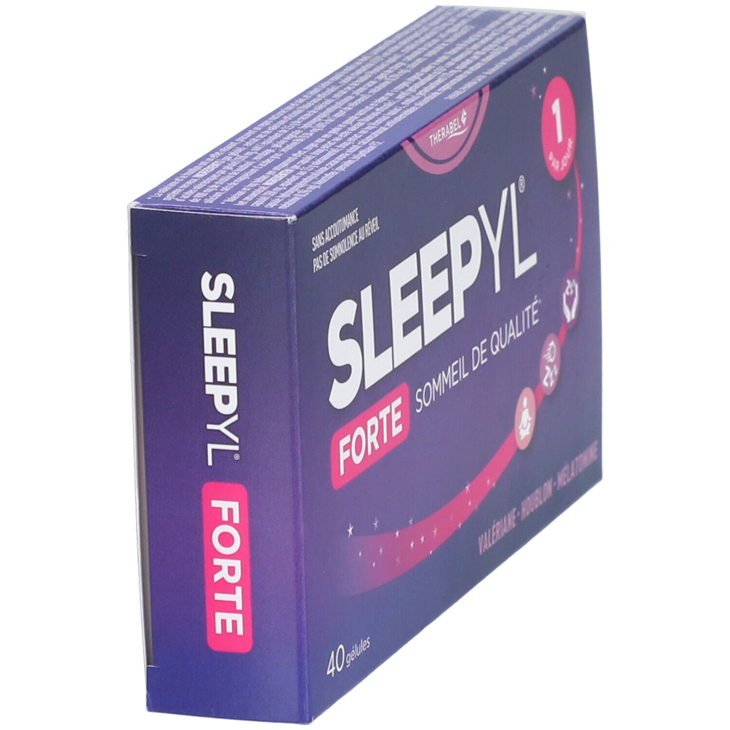 Boîte Sleepyl Forte, vue latérale. Fond violet avec nom du produit. 40 gélules. 1 par jour.