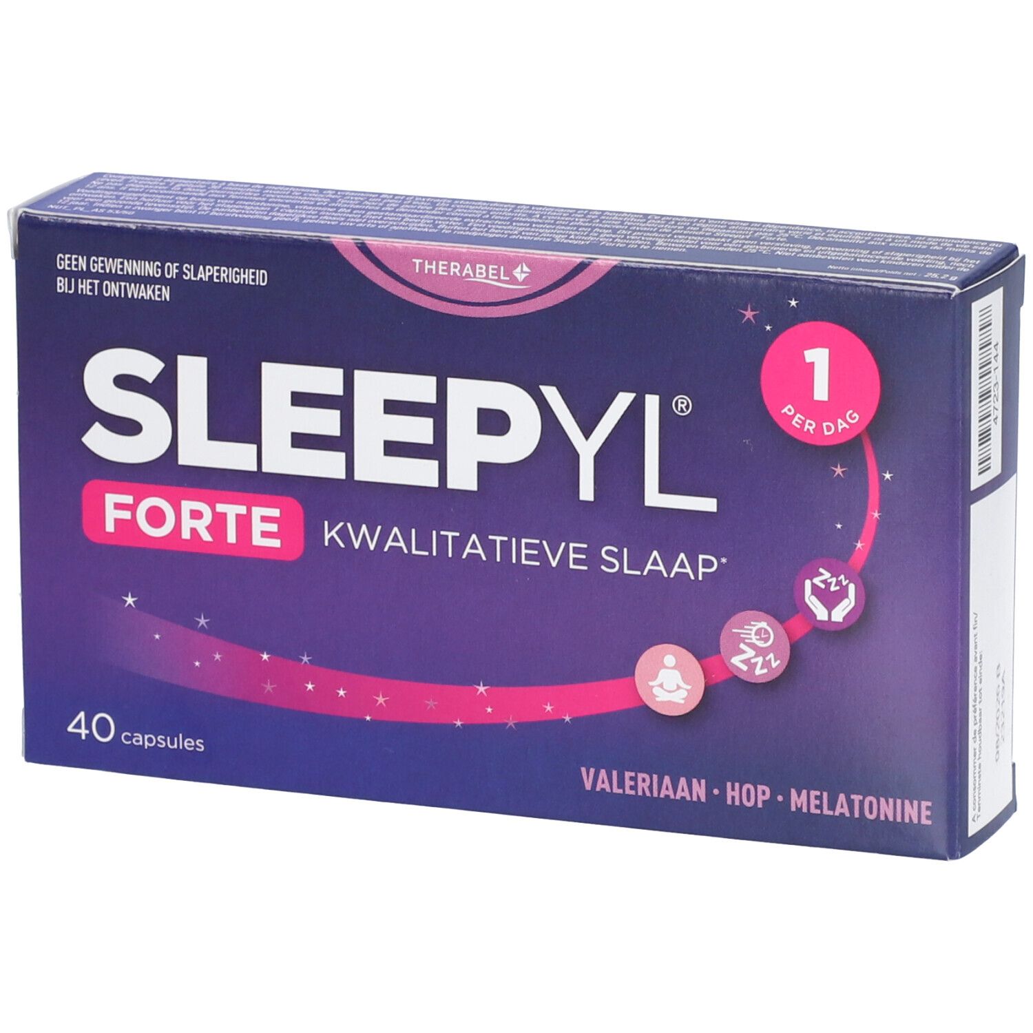 Boîte de Sleepyl Forte. Fond violet avec nom du produit et ingrédients. 40 capsules. 1 par jour.