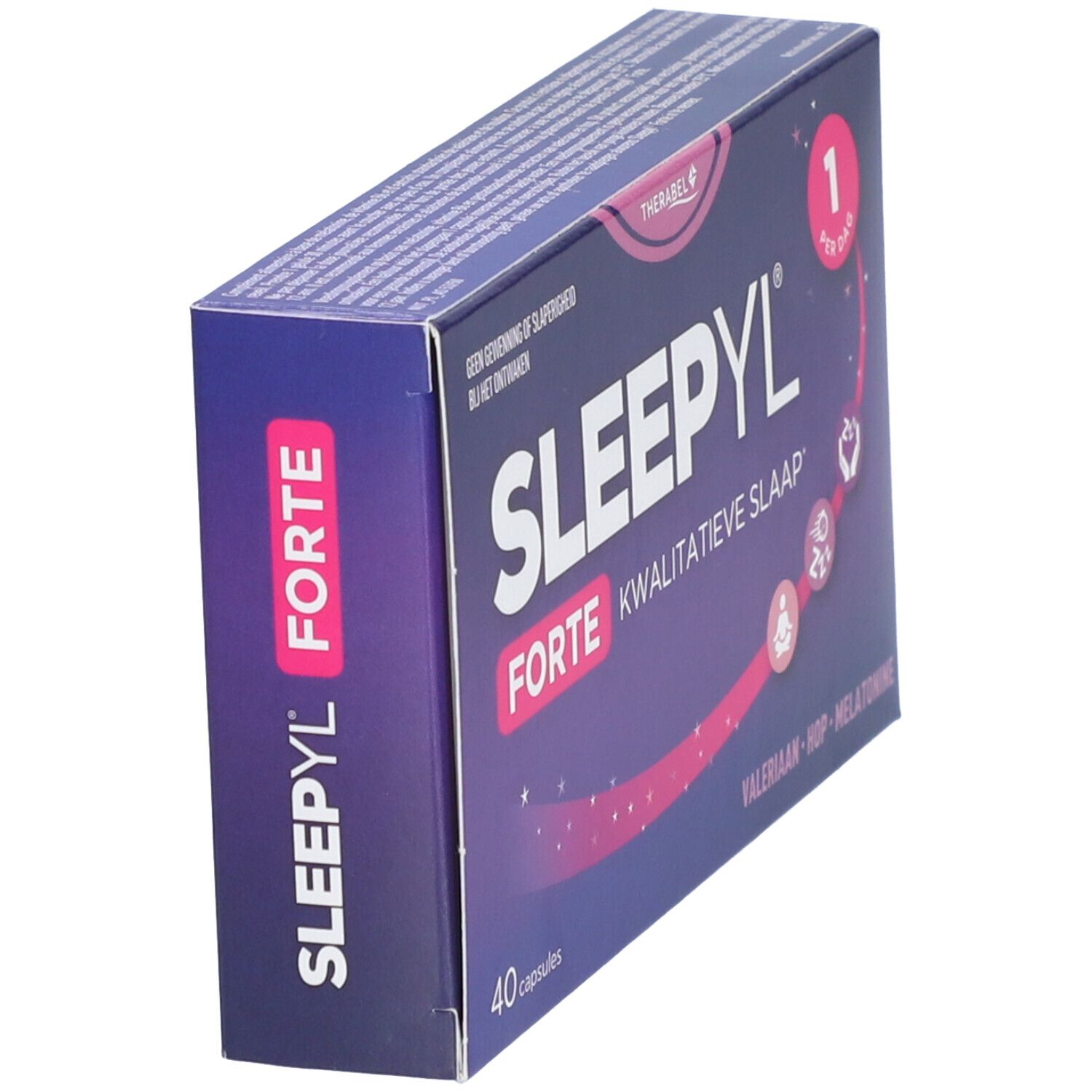 Boîte Sleepyl Forte, vue latérale. Fond violet avec nom du produit. 40 capsules. 1 par jour.