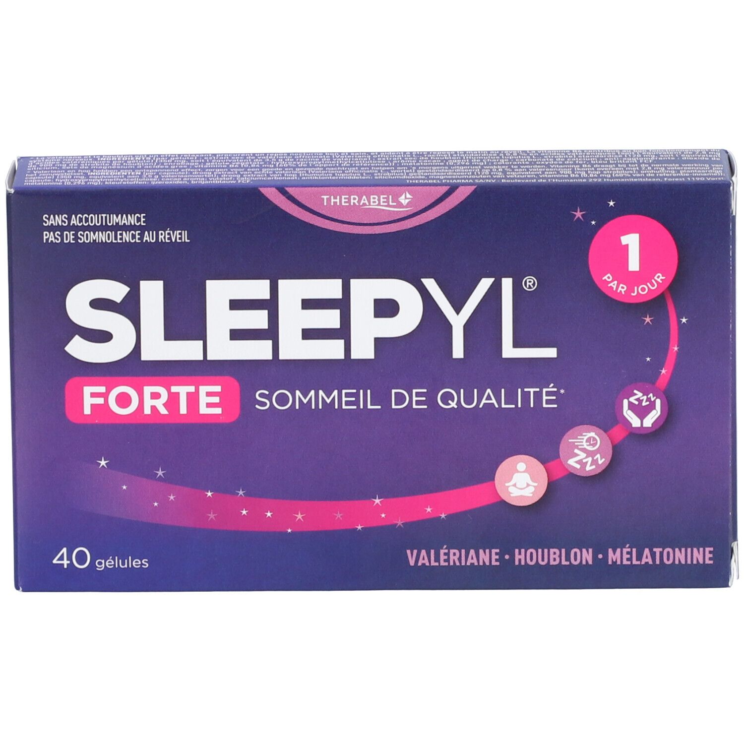 Boîte de Sleepyl Forte. Fond violet avec nom du produit et ingrédients. 40 gélules. 1 par jour.
