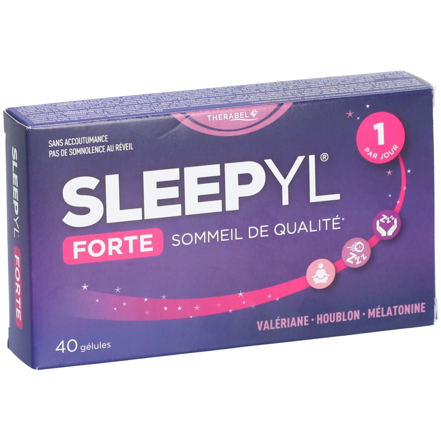 Boîte de Sleepyl Forte. Fond violet avec nom du produit et ingrédients. 40 gélules. 1 par jour.