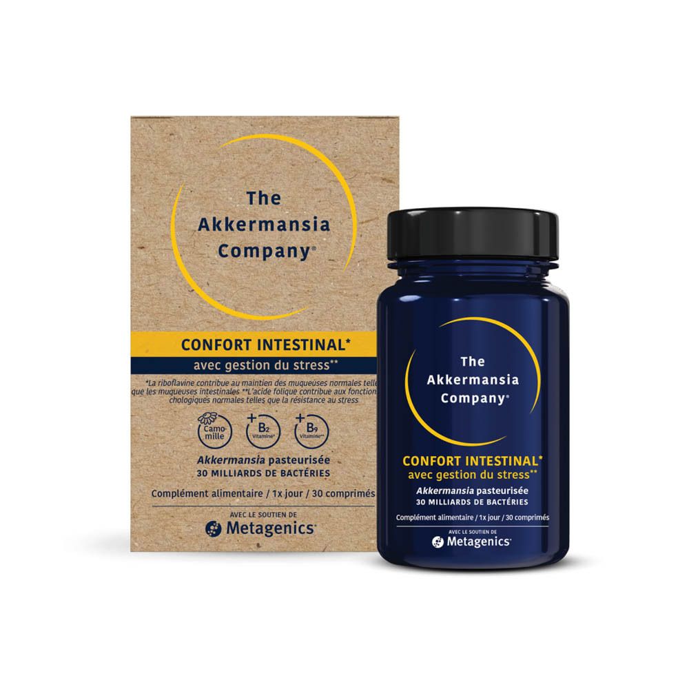 Emballage du produit et flacon. Inscription: The Akkermansia Company. Texte: Confort Intestinal avec gestion du stress.