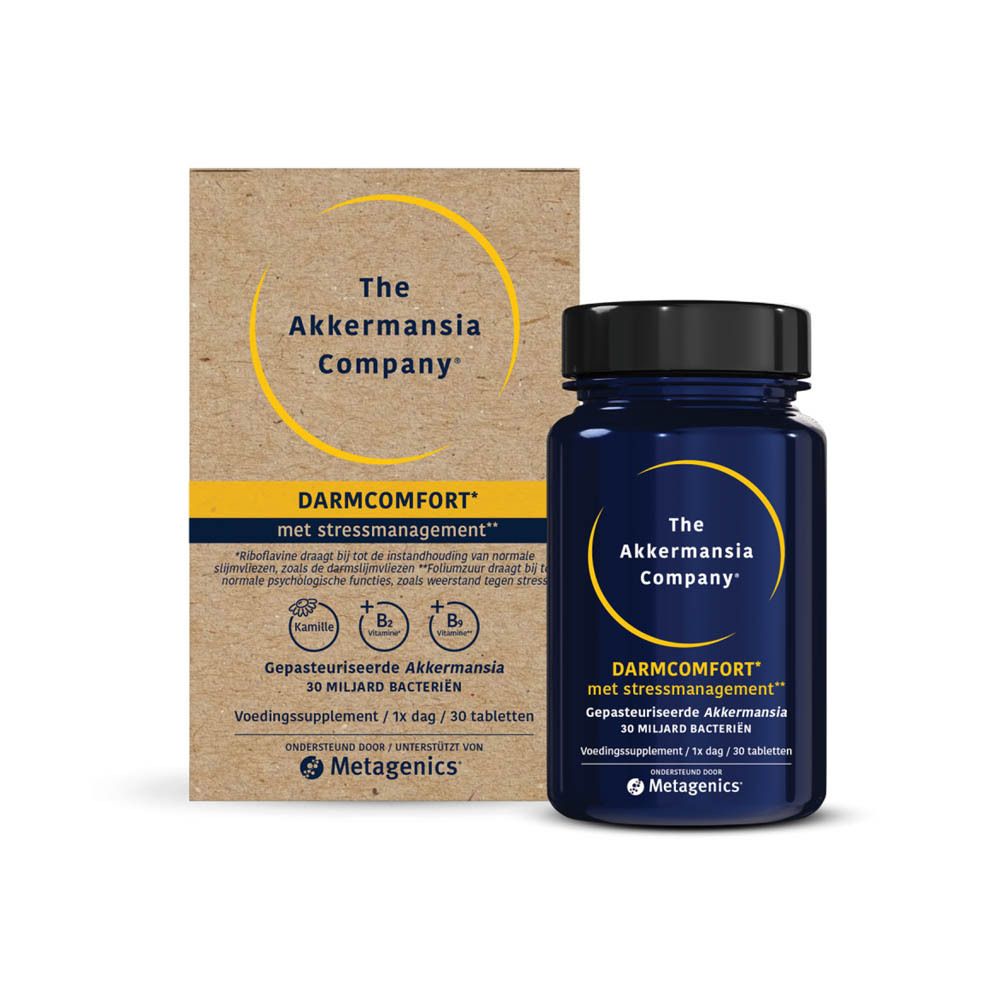 Productverpakking en fles. Opschrift: The Akkermansia Company. Tekst: Darmcomfort met stressmanagement.