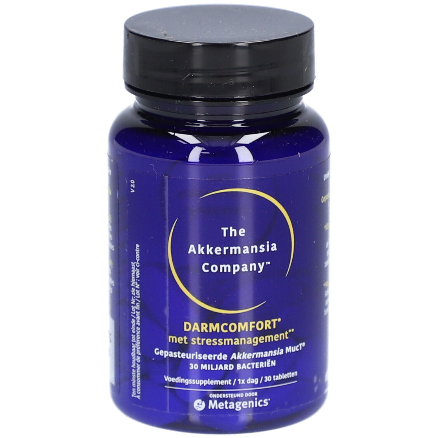 Blauwe fles met zwarte dop. Opschrift: The Akkermansia Company, Darmcomfort, 30 miljard bacteriën. Metagenics logo.