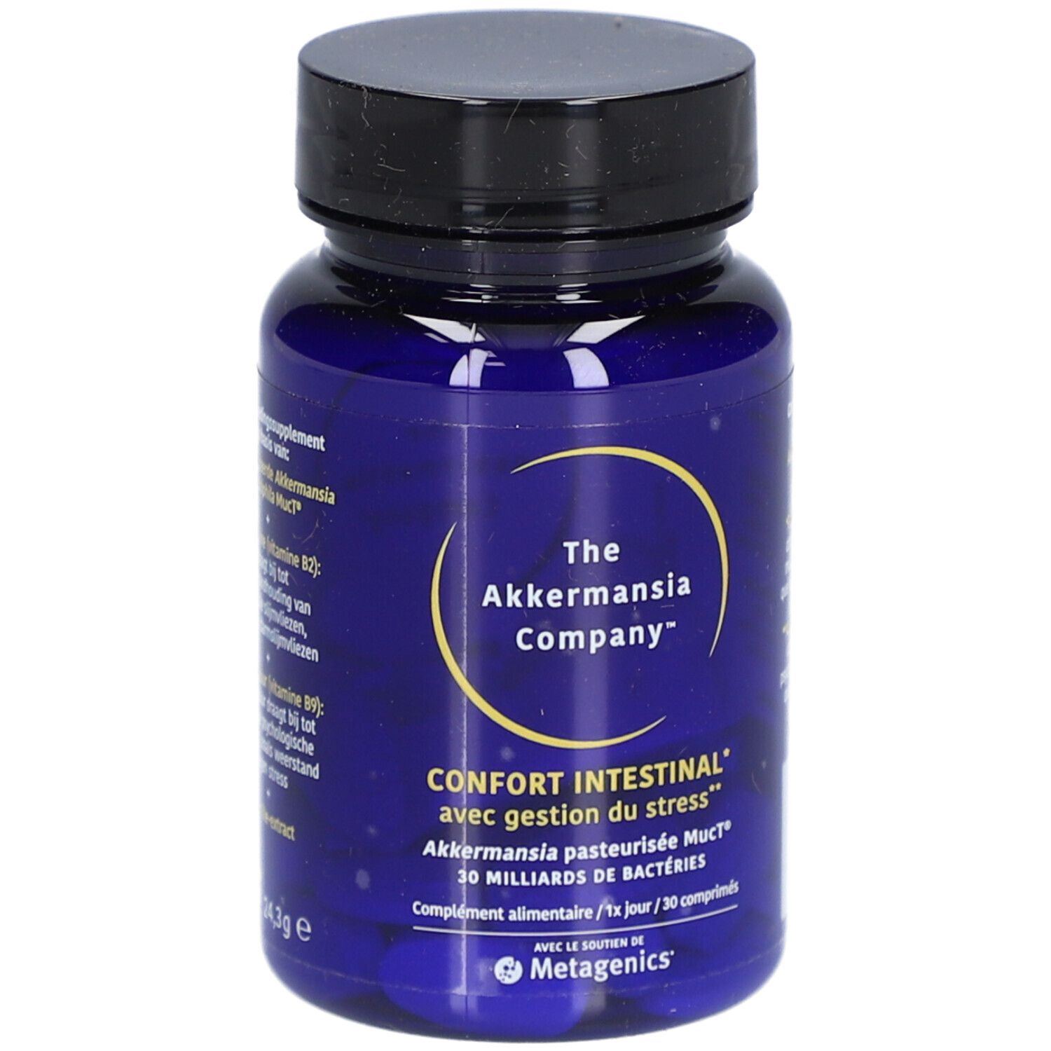 Blauwe fles met zwarte dop. Opschrift: The Akkermansia Company, Confort Intestinal, 30 miljard bacteriën. Metagenics logo.