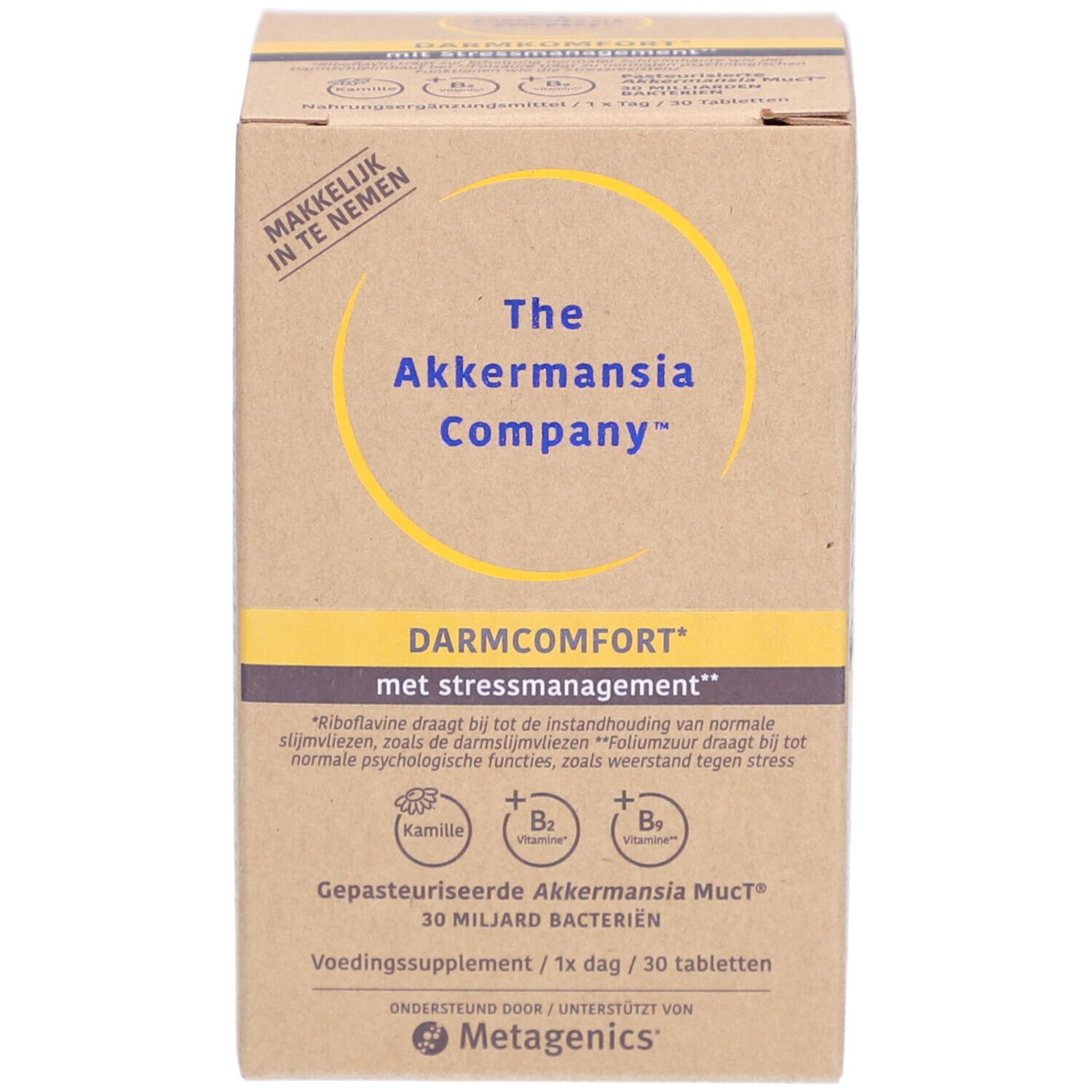 Productverpakking. Opschrift: The Akkermansia Company, Darmcomfort, 30 miljard bacteriën. Metagenics logo. Met kamille, B2, B9.