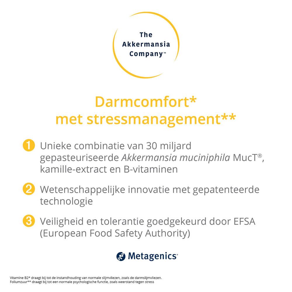 Tekst op witte achtergrond. Tekst: Darmcomfort met stressmanagement. 3 punten met tekst.