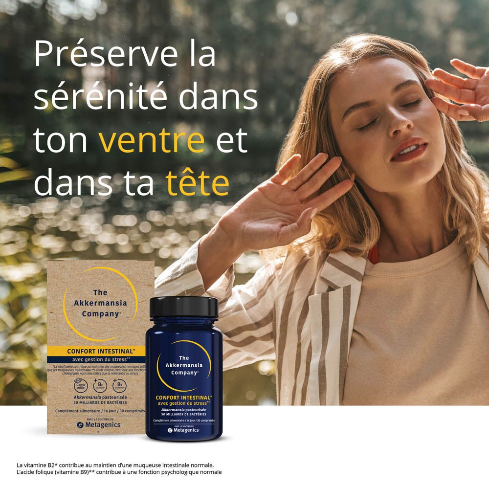 Femme avec produit et emballage. Inscription: The Akkermansia Company. Texte: Confort Intestinal avec gestion du stress.