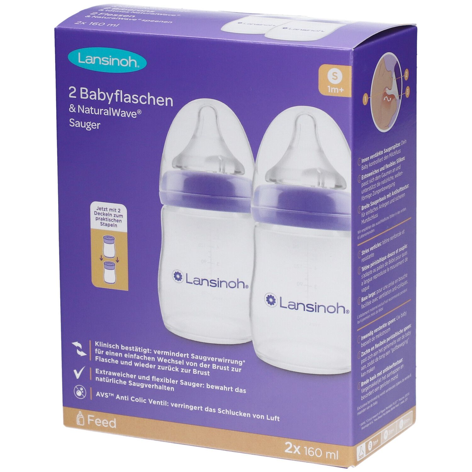 Verpackung mit zwei Babyflaschen. Flaschen mit lila Akzenten und Sauger. Marke Lansinoh. 2x 160 ml.