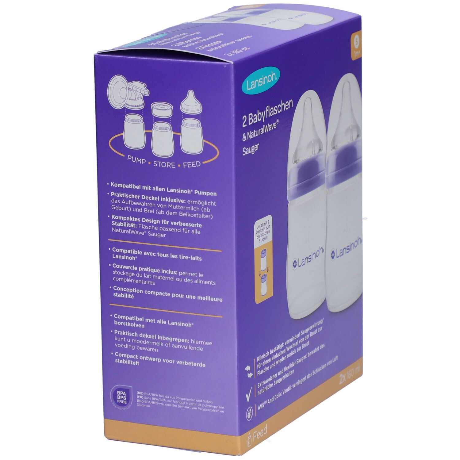 Verpackung mit zwei Babyflaschen. Flaschen mit lila Akzenten und Sauger. Marke Lansinoh. 2x 160 ml. Rückseite mit Text.