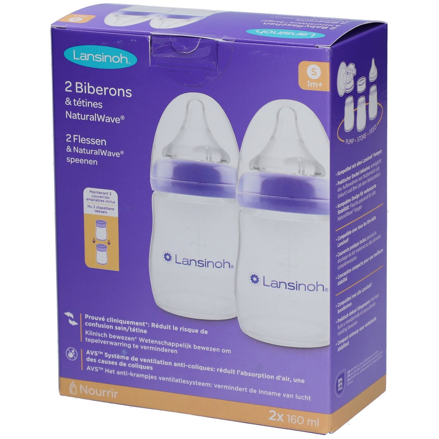 Verpackung mit zwei Babyflaschen. Flaschen mit lila Akzenten und Sauger. Marke Lansinoh. 2x 160 ml.