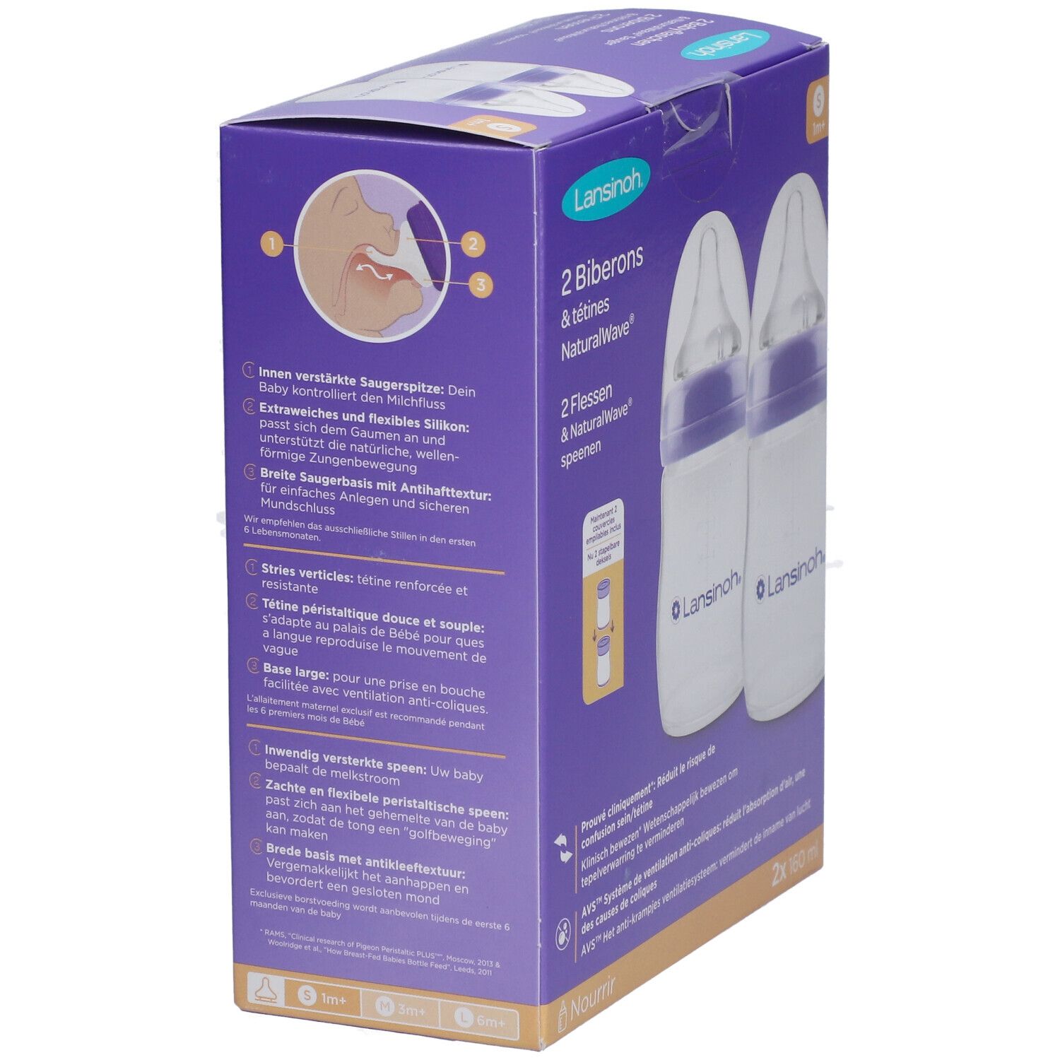 Verpackung mit zwei Babyflaschen. Flaschen mit lila Akzenten und Sauger. Marke Lansinoh. 2x 160 ml. Detailansicht.