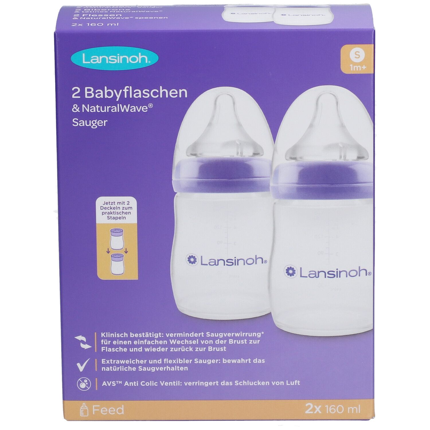 Verpackung mit zwei Babyflaschen. Flaschen mit lila Akzenten und Sauger. Marke Lansinoh. 2x 160 ml.