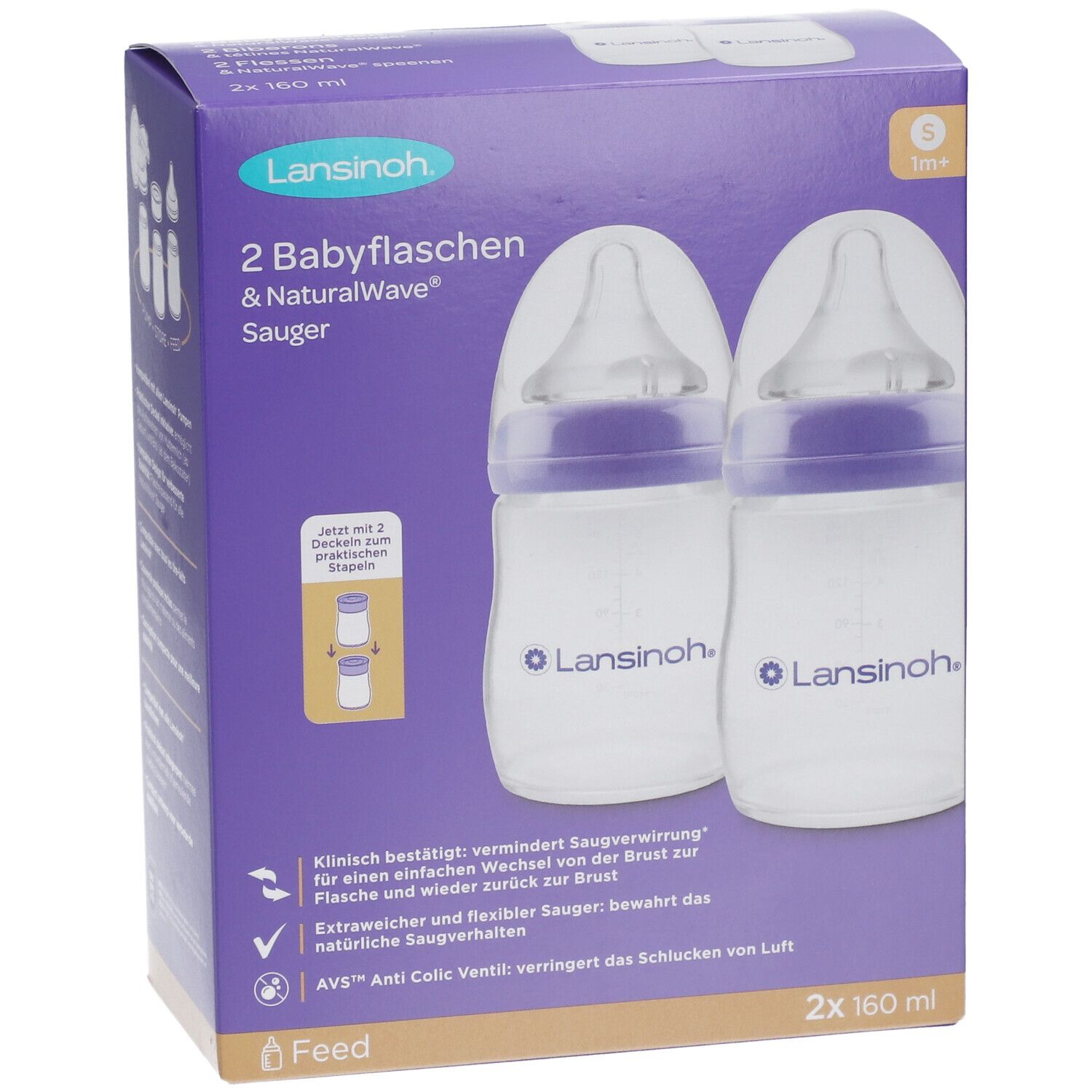 Verpackung mit zwei Babyflaschen. Flaschen mit lila Akzenten und Sauger. Marke Lansinoh. 2x 160 ml.