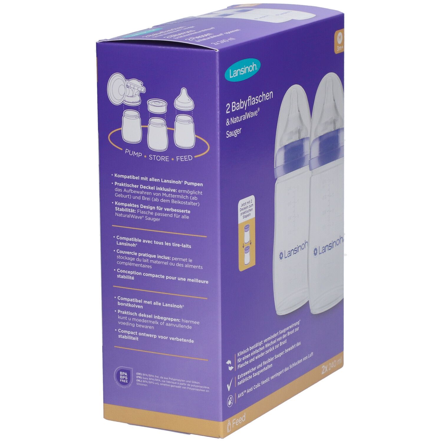 Boîte de deux biberons Lansinoh. Inscription : 2 biberons & tétines NaturalWave. Compatible avec les tire-lait Lansinoh.