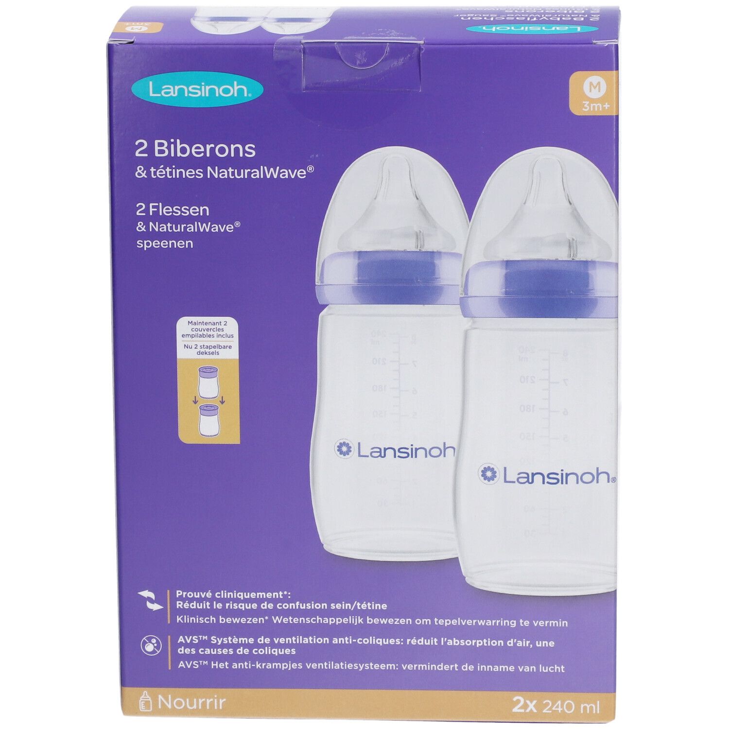 Boîte de deux biberons Lansinoh. Inscription : 2 biberons & tétines NaturalWave. 2 x 240 ml. Illustrations des biberons et accessoires.