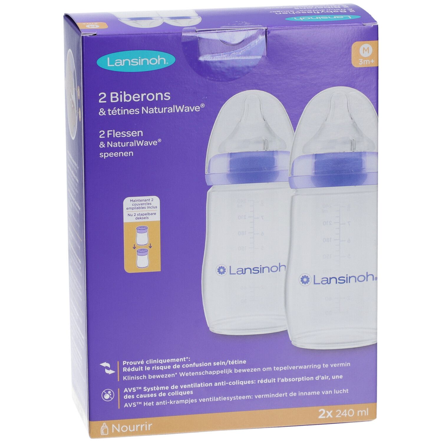 Boîte de deux biberons Lansinoh. Inscription : 2 biberons & tétines NaturalWave. 2 x 240 ml. Illustrations des biberons et accessoires.