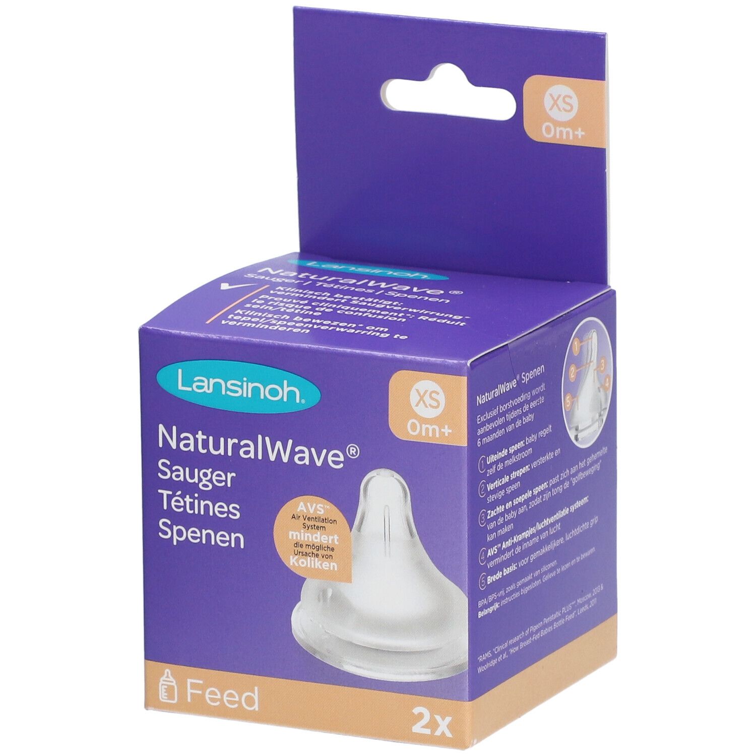 Verpackung mit zwei Saugern. Marke Lansinoh NaturalWave XS. Lila Karton mit Produktabbildung und Text.