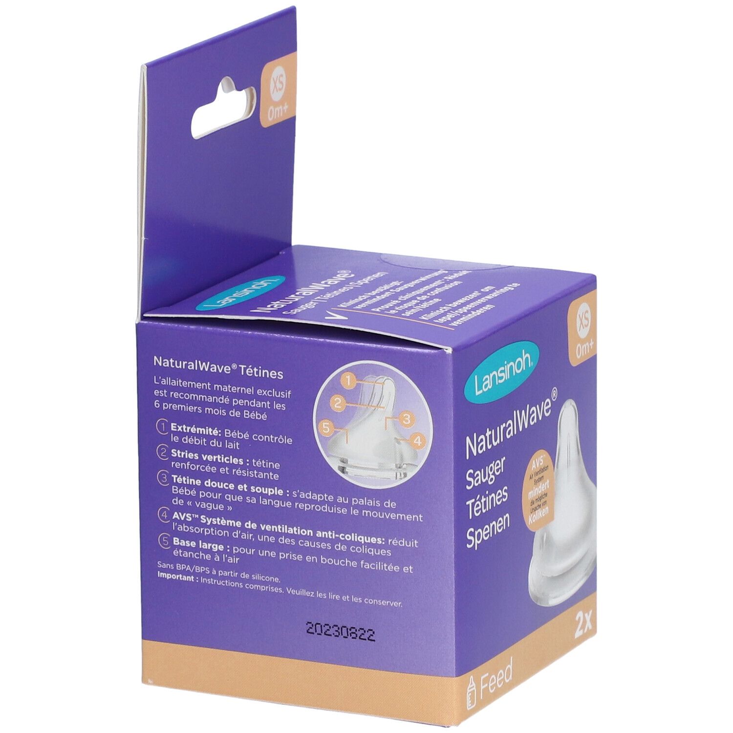 Rückseite der Verpackung mit Produktinformationen. Marke Lansinoh NaturalWave XS. Lila Karton mit Text und Abbildungen.