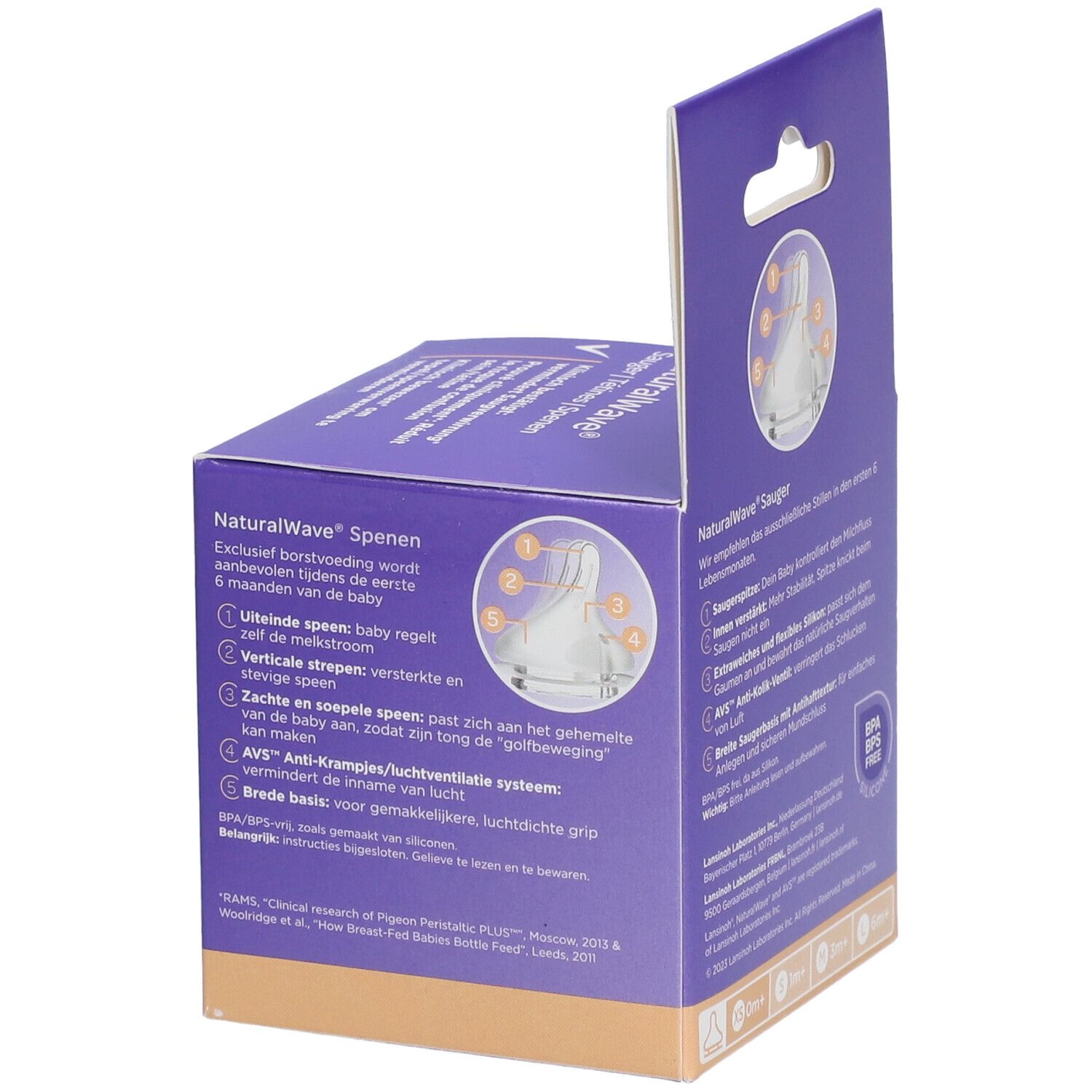 Rückseite der Verpackung mit Produktinformationen. Marke Lansinoh NaturalWave XS. Lila Karton mit Text und Abbildungen.