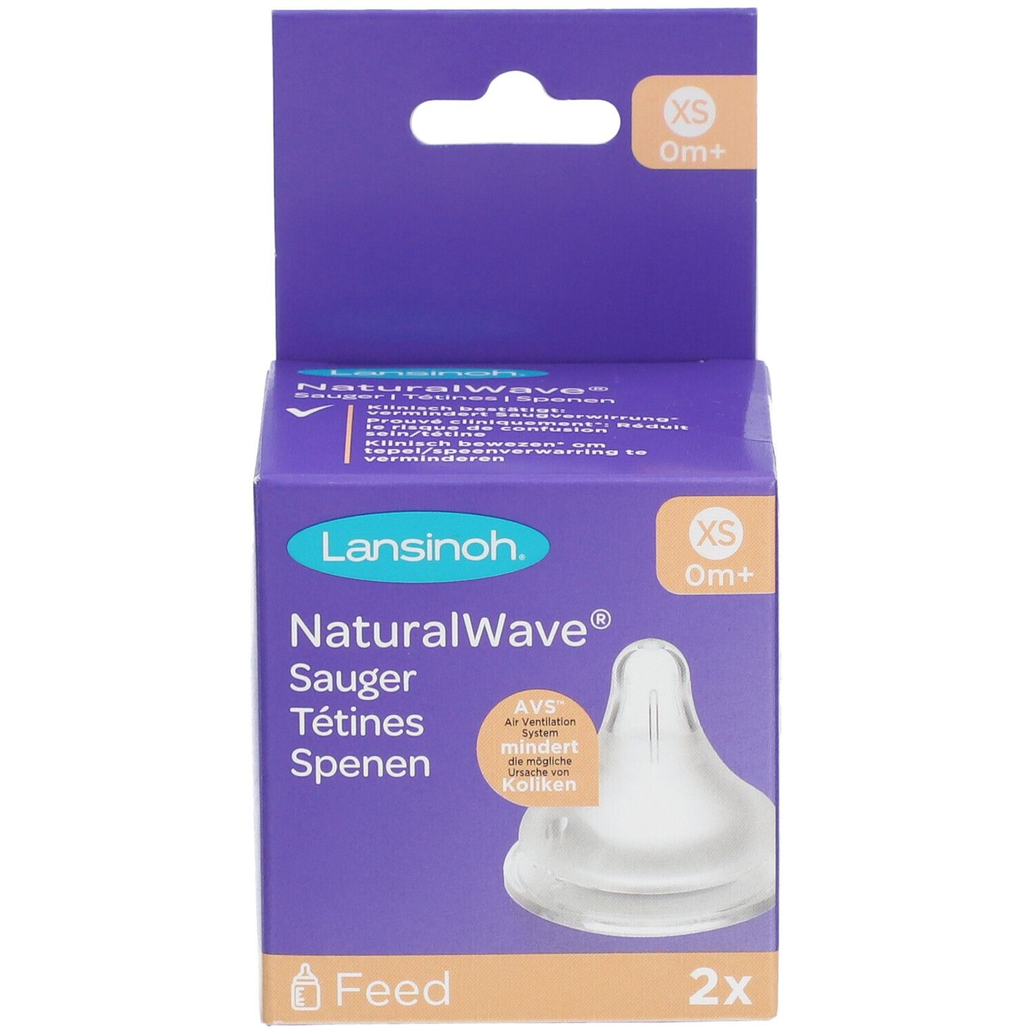 Vorderseite der Verpackung mit zwei Saugern. Marke Lansinoh NaturalWave XS. Lila Karton mit Produktabbildung und Text.