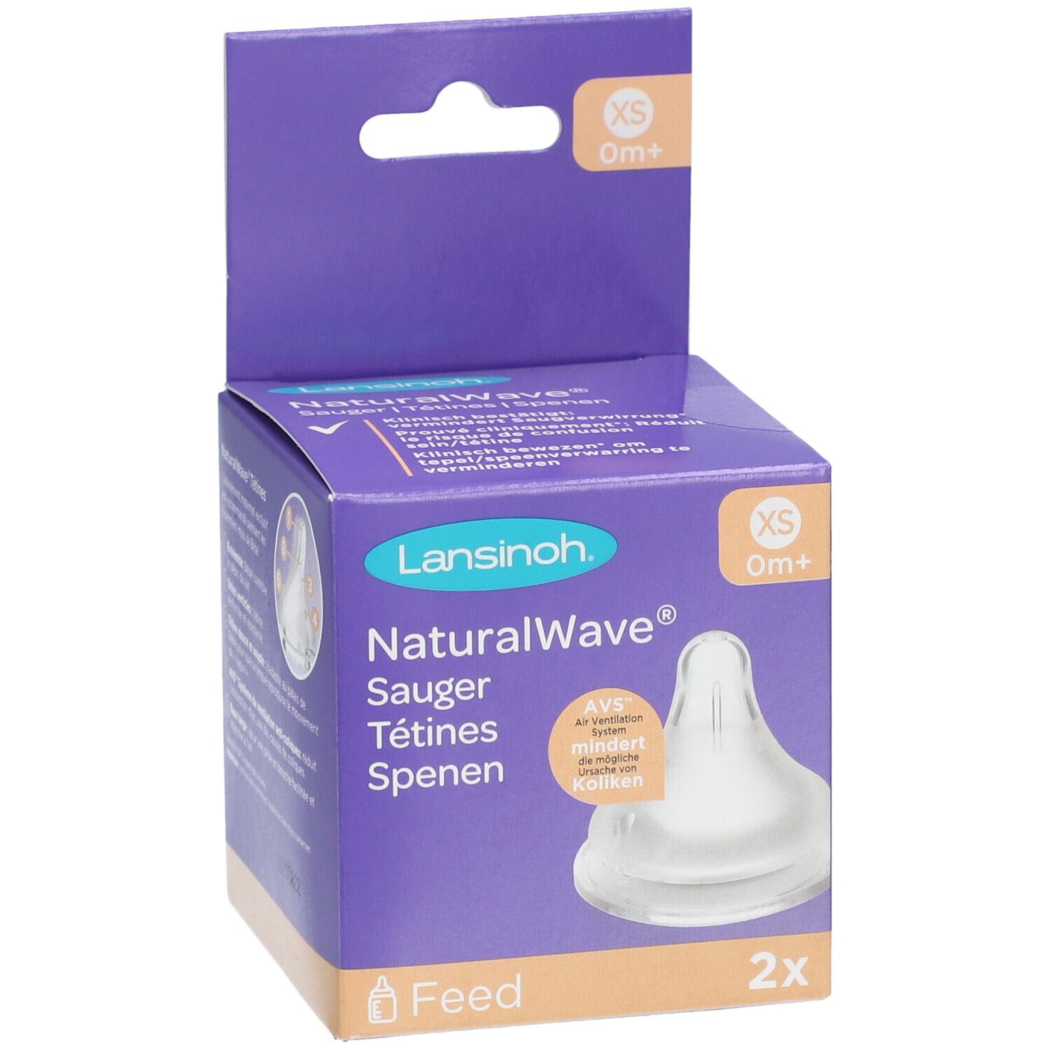 Vorderseite der Verpackung mit zwei Saugern. Marke Lansinoh NaturalWave XS. Lila Karton mit Produktabbildung und Text.