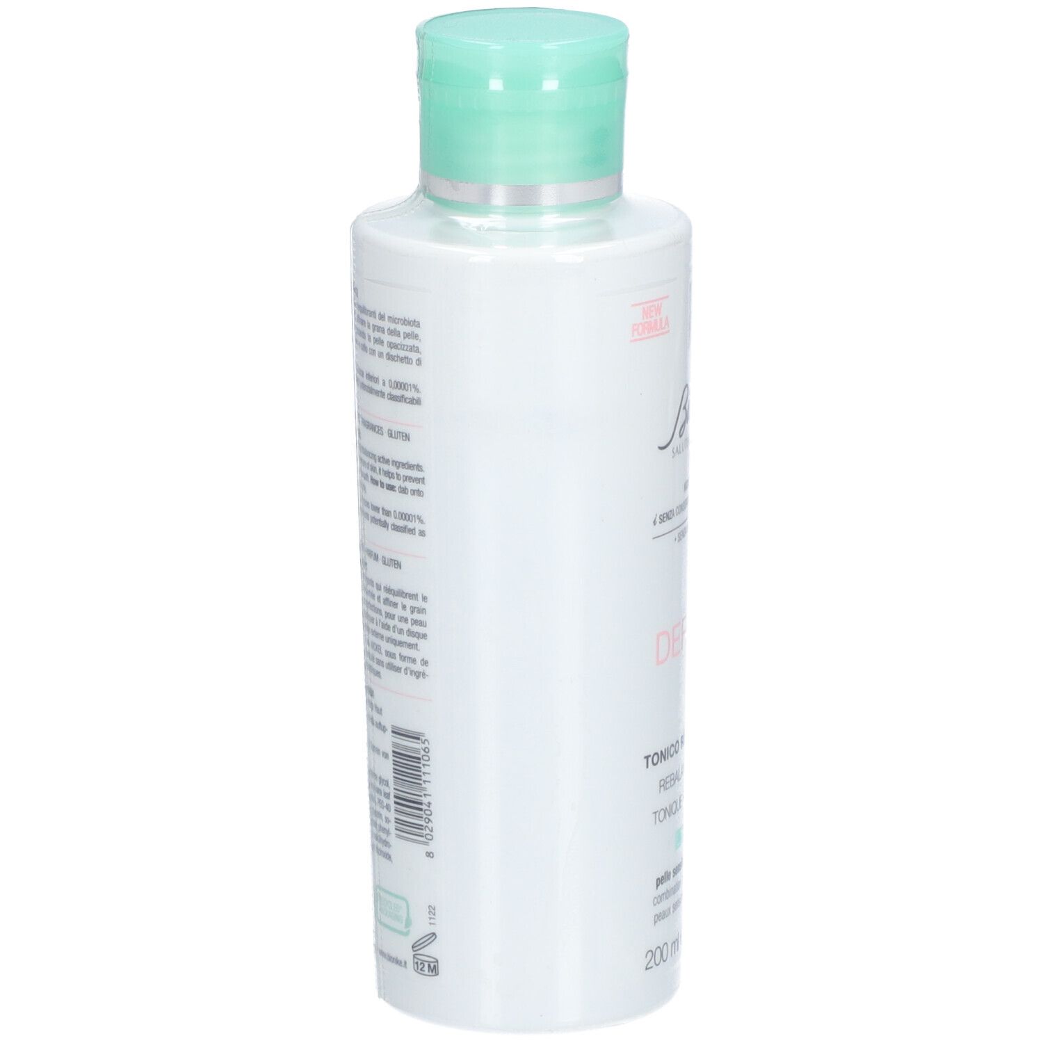 Weiße Flasche mit grünem Deckel. Aufschrift und Text auf der Rückseite. 200 ml.