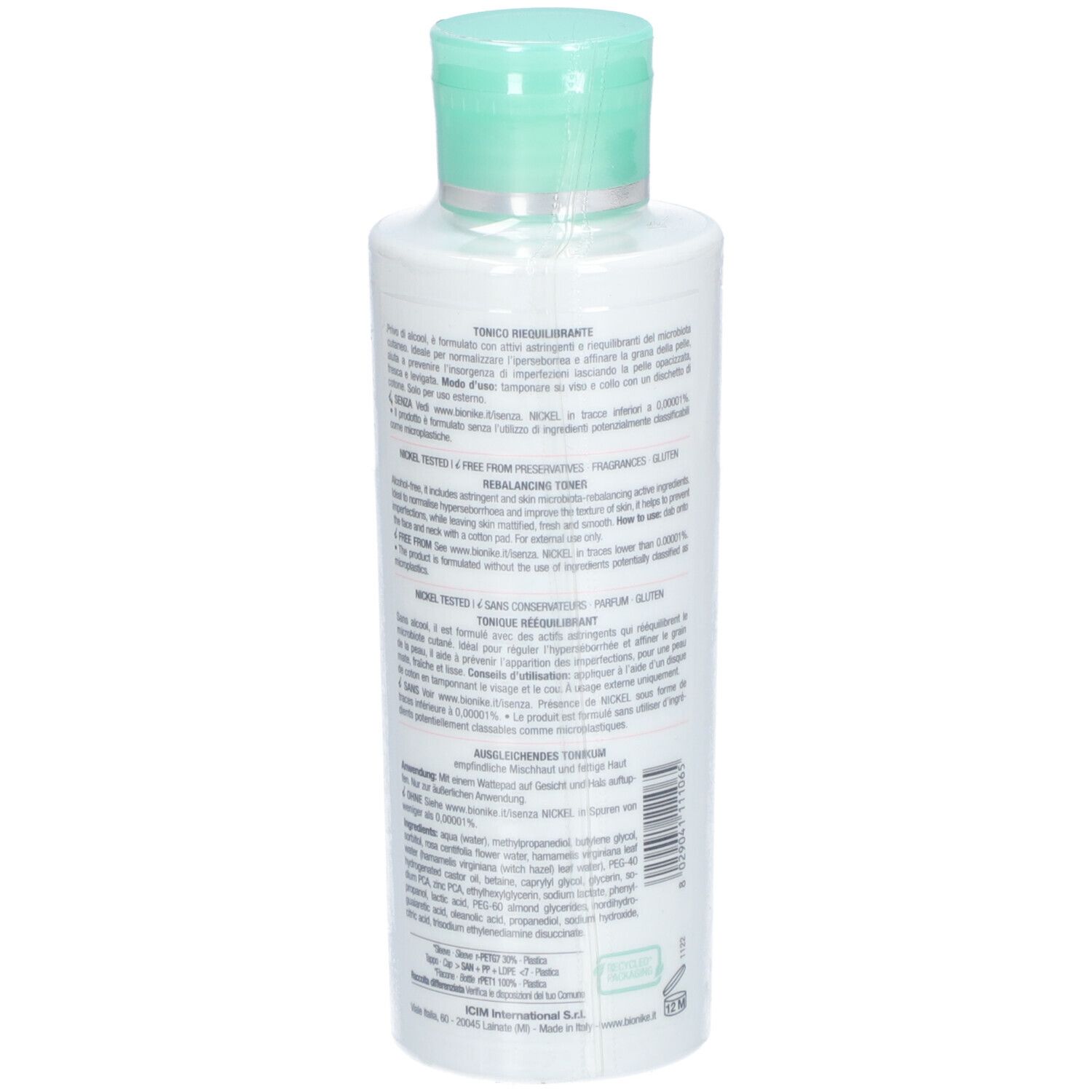 Rückseite einer weißen Flasche mit grünem Deckel. Text und Barcode. 200 ml.