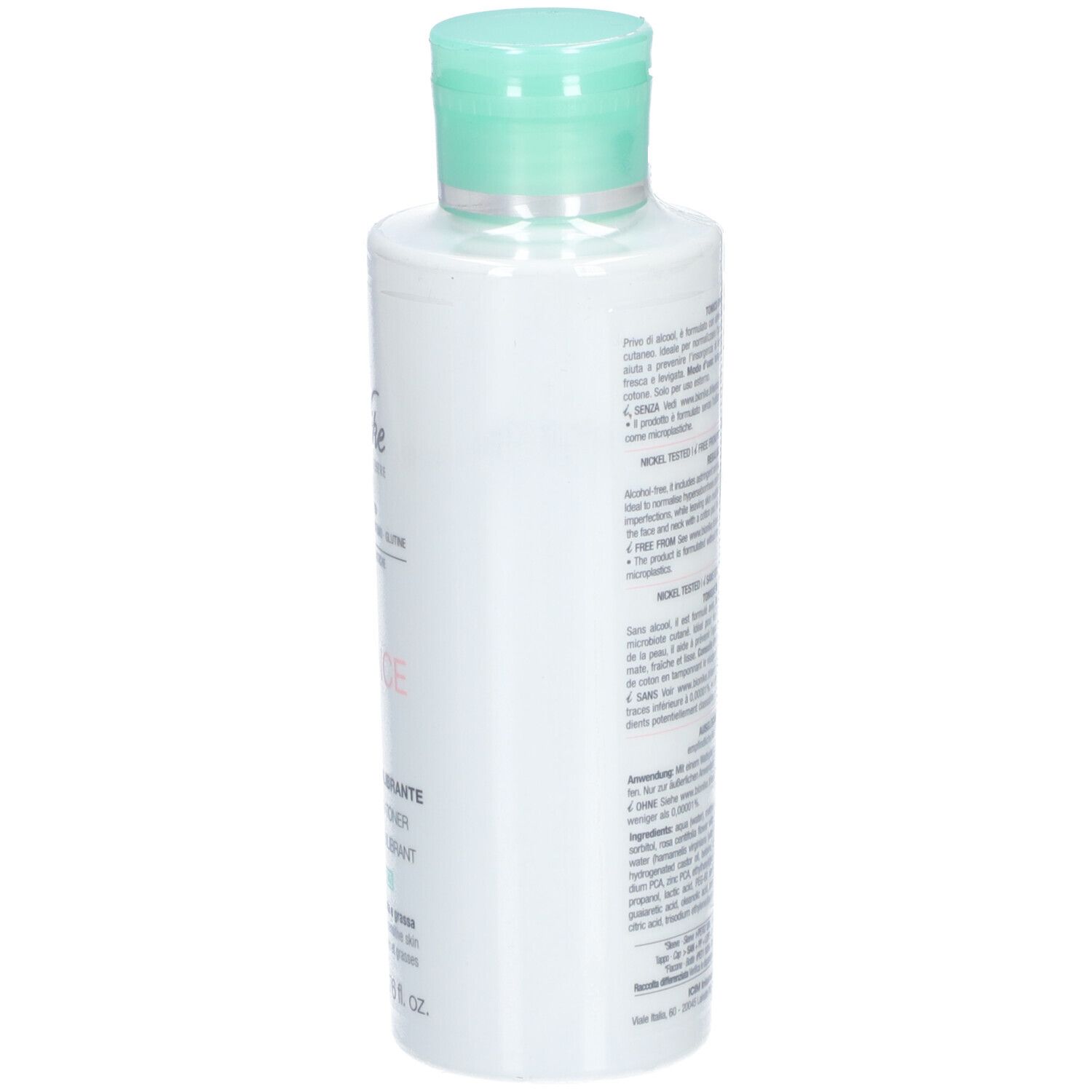 Weiße Flasche mit grünem Deckel. Text auf der Rückseite. 200 ml.