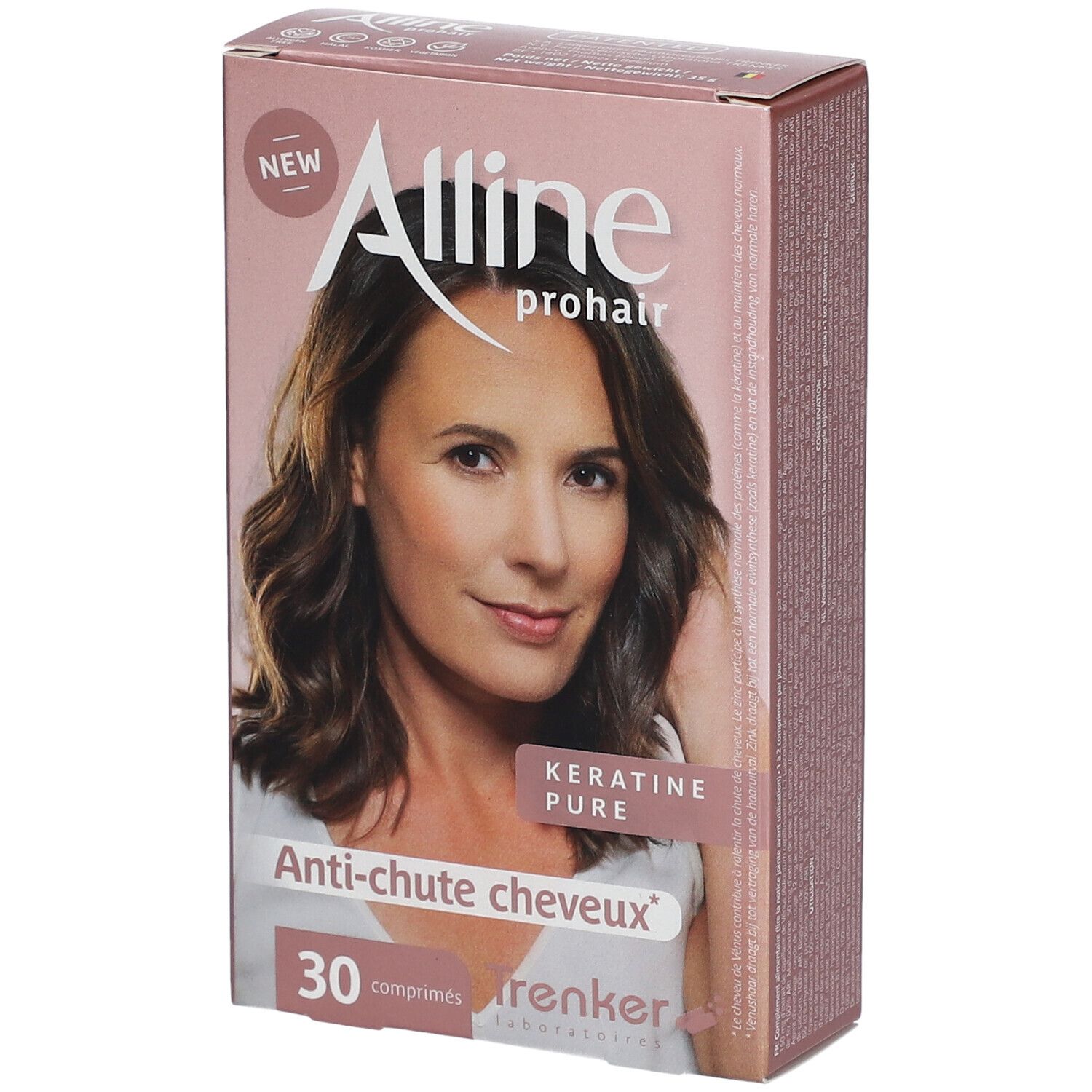 Verpakking Alline prohair. Opschrift: Anti-chute cheveux, 30 comprimés. Afbeelding van een vrouw met bruin haar.
