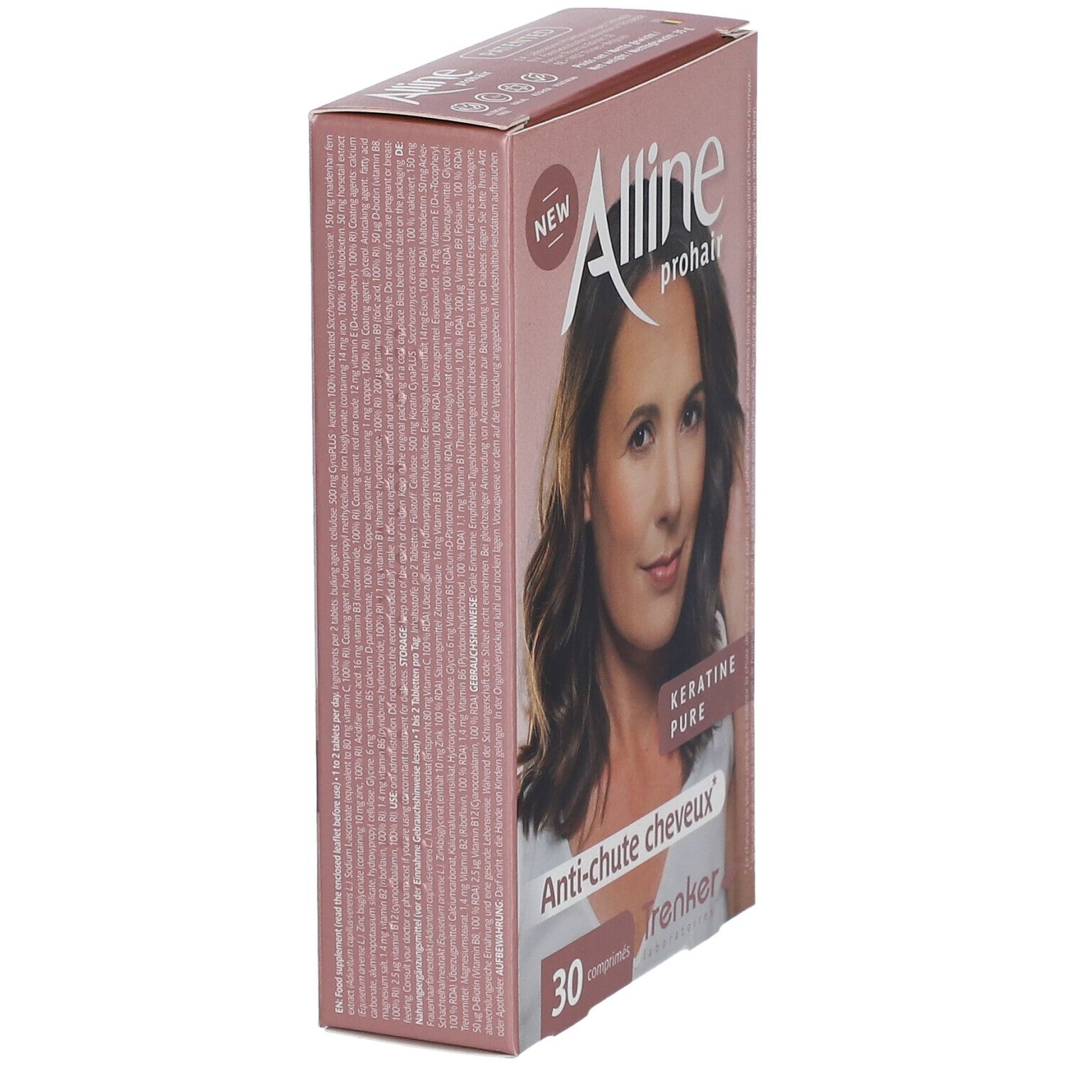 Schuin geplaatste verpakking Alline prohair. Opschrift: Anti-chute cheveux, 30 comprimés. Afbeelding van een vrouw.