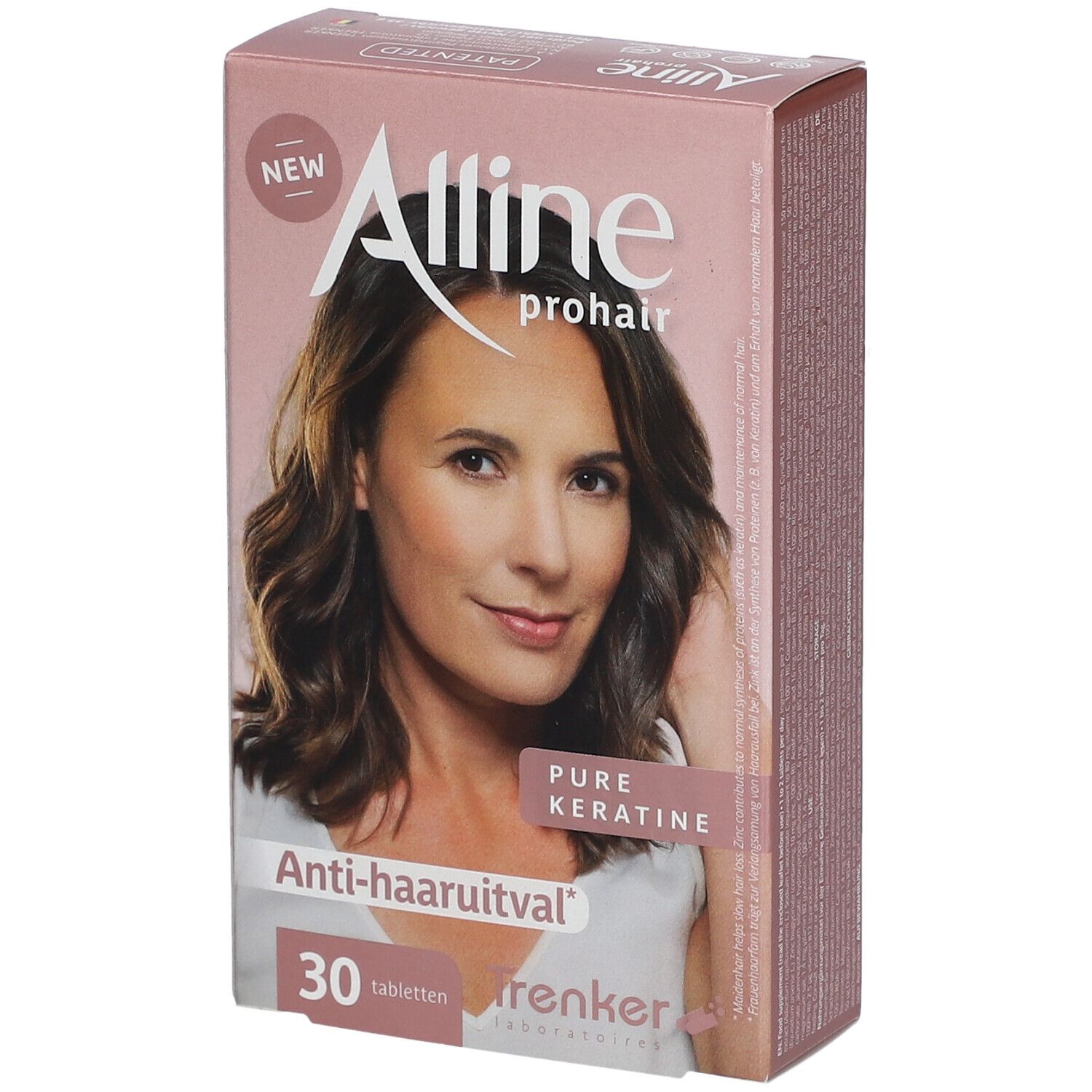 Verpakking Alline prohair. Opschrift: Anti-haaruuitval, 30 tabletten. Afbeelding van een vrouw met bruin haar.