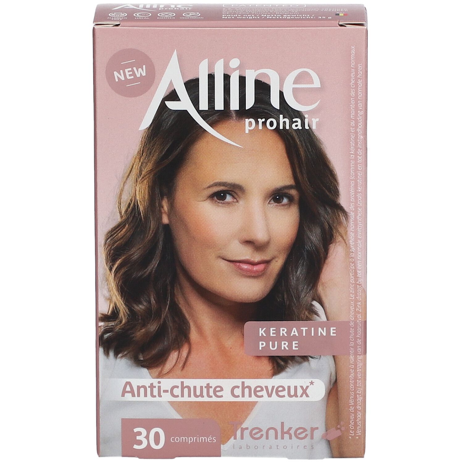 Verpakking Alline prohair. Opschrift: Anti-chute cheveux, 30 comprimés. Afbeelding van een vrouw met bruin haar.