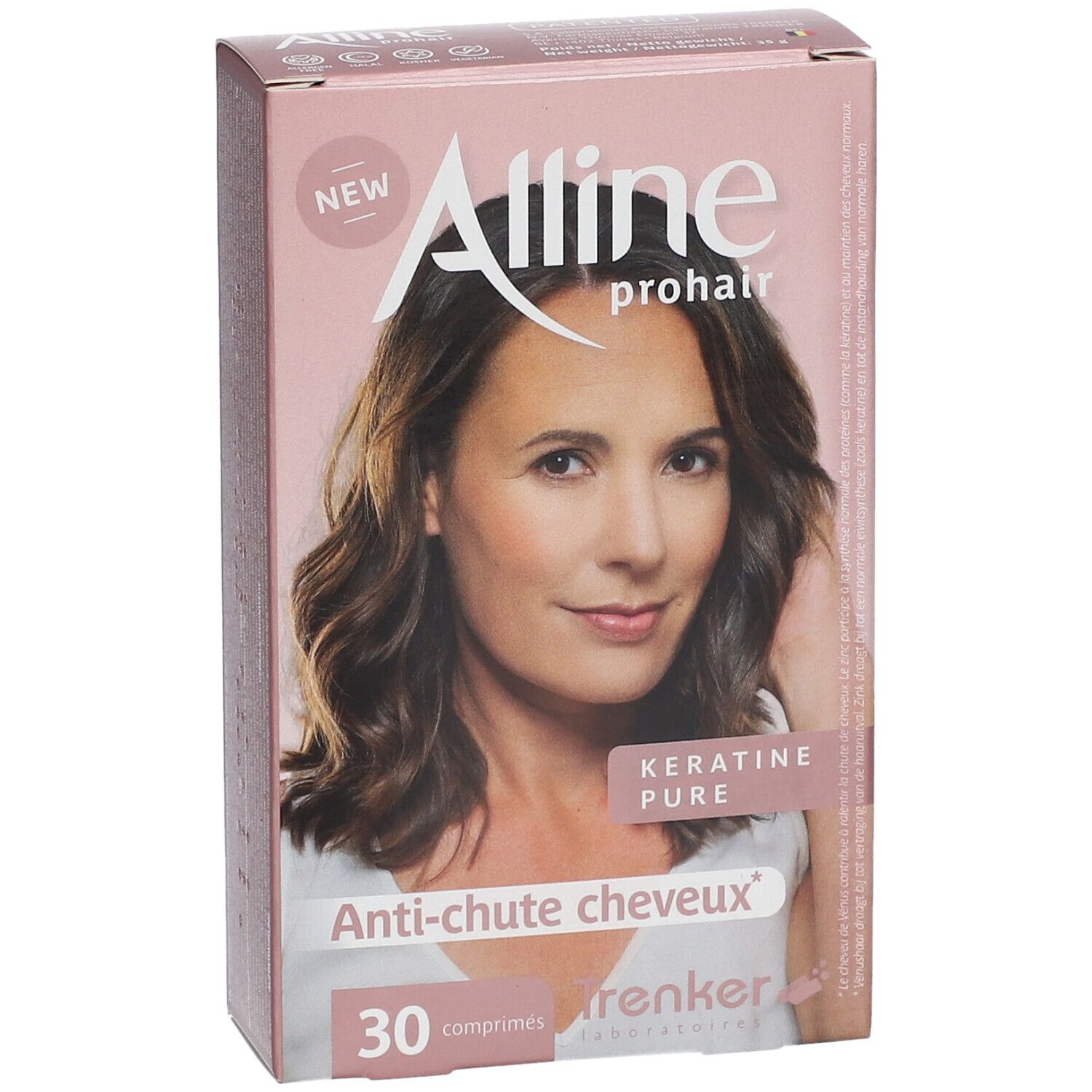 Verpakking Alline prohair. Opschrift: Anti-chute cheveux, 30 comprimés. Afbeelding van een vrouw met bruin haar.