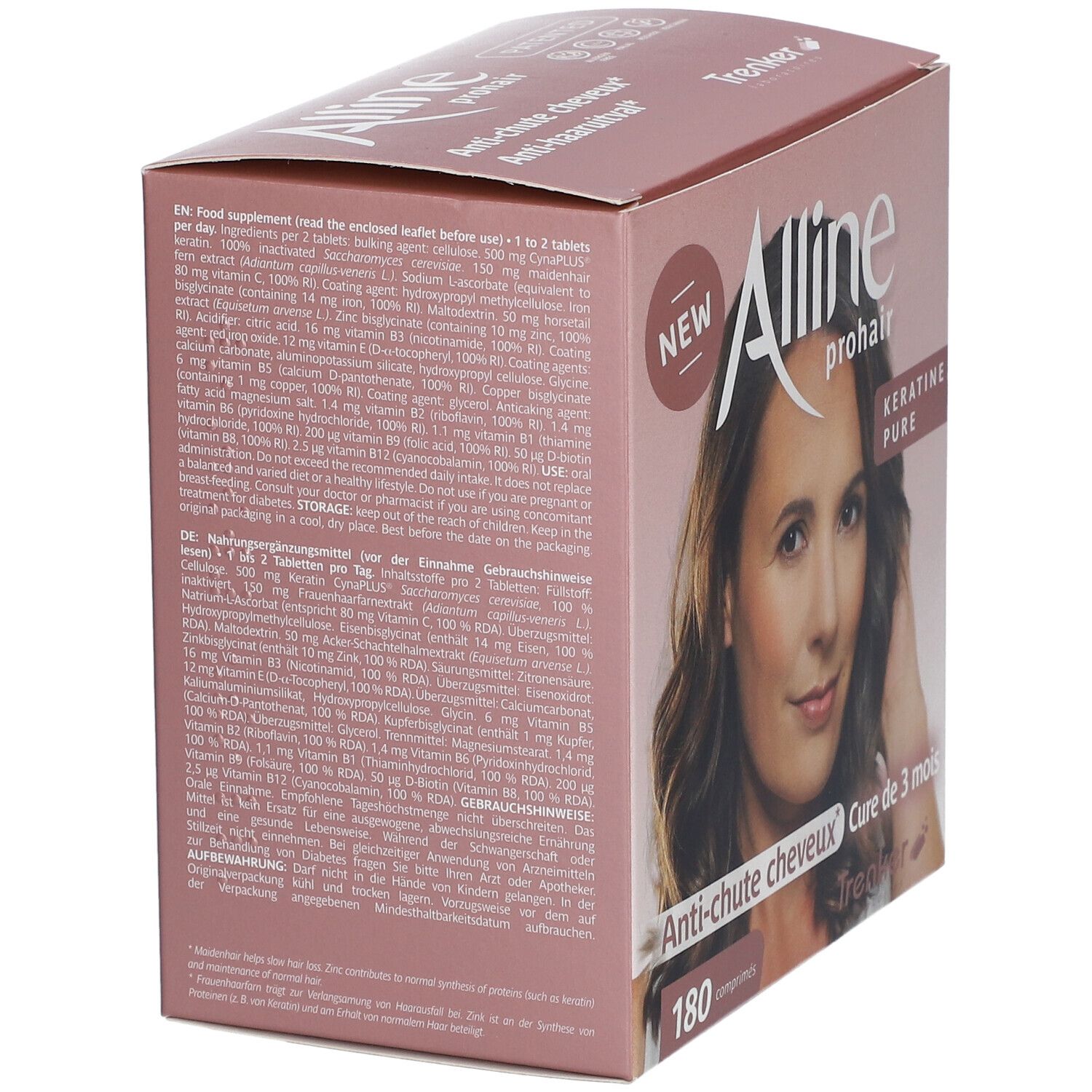 Roze doos met productafbeelding en teksten. Bevat informatie over ingrediënten en voedingswaarden. Merk: Alline prohair.