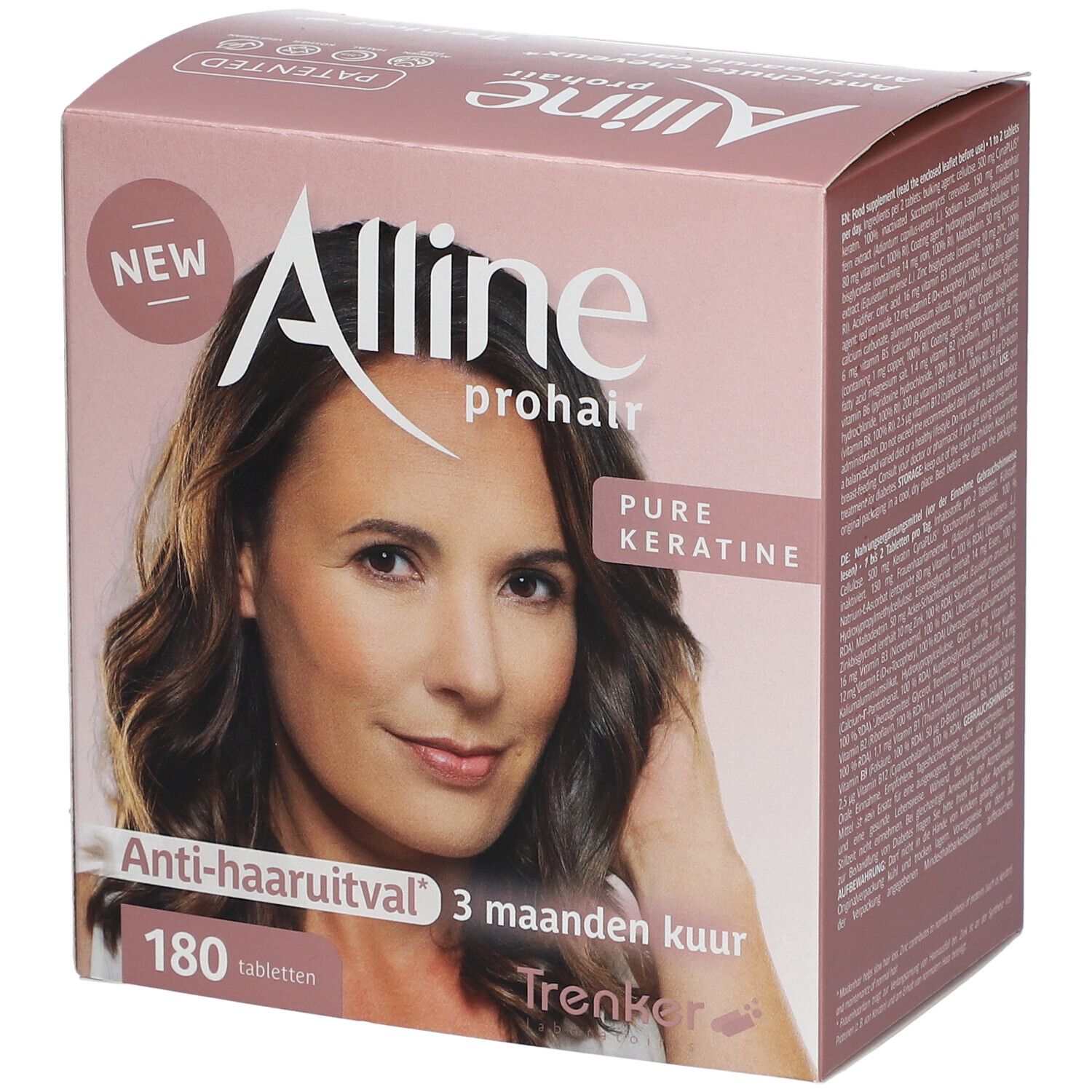 Roze doos met productafbeelding en tekst "Alline prohair". Bevat 180 tabletten. Tekst: Anti-haaruitval.