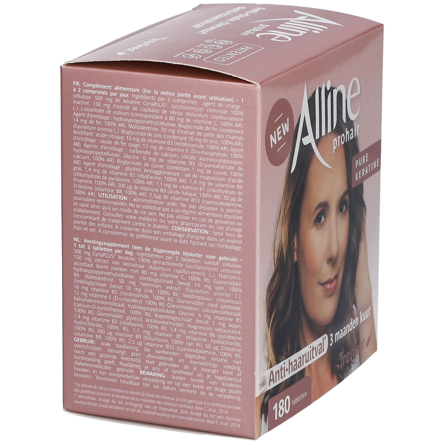 Roze doos met productafbeelding en teksten. Bevat informatie over ingrediënten en voedingswaarden. Merk: Alline prohair.