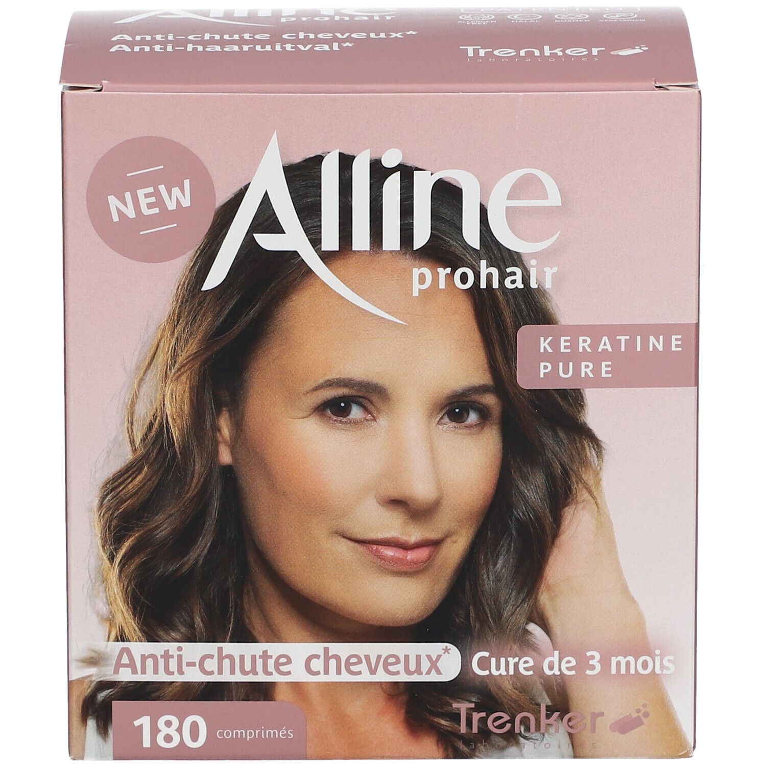 Roze doos met productafbeelding en tekst "Alline prohair". Bevat 180 tabletten. Tekst: Anti-haaruitval.