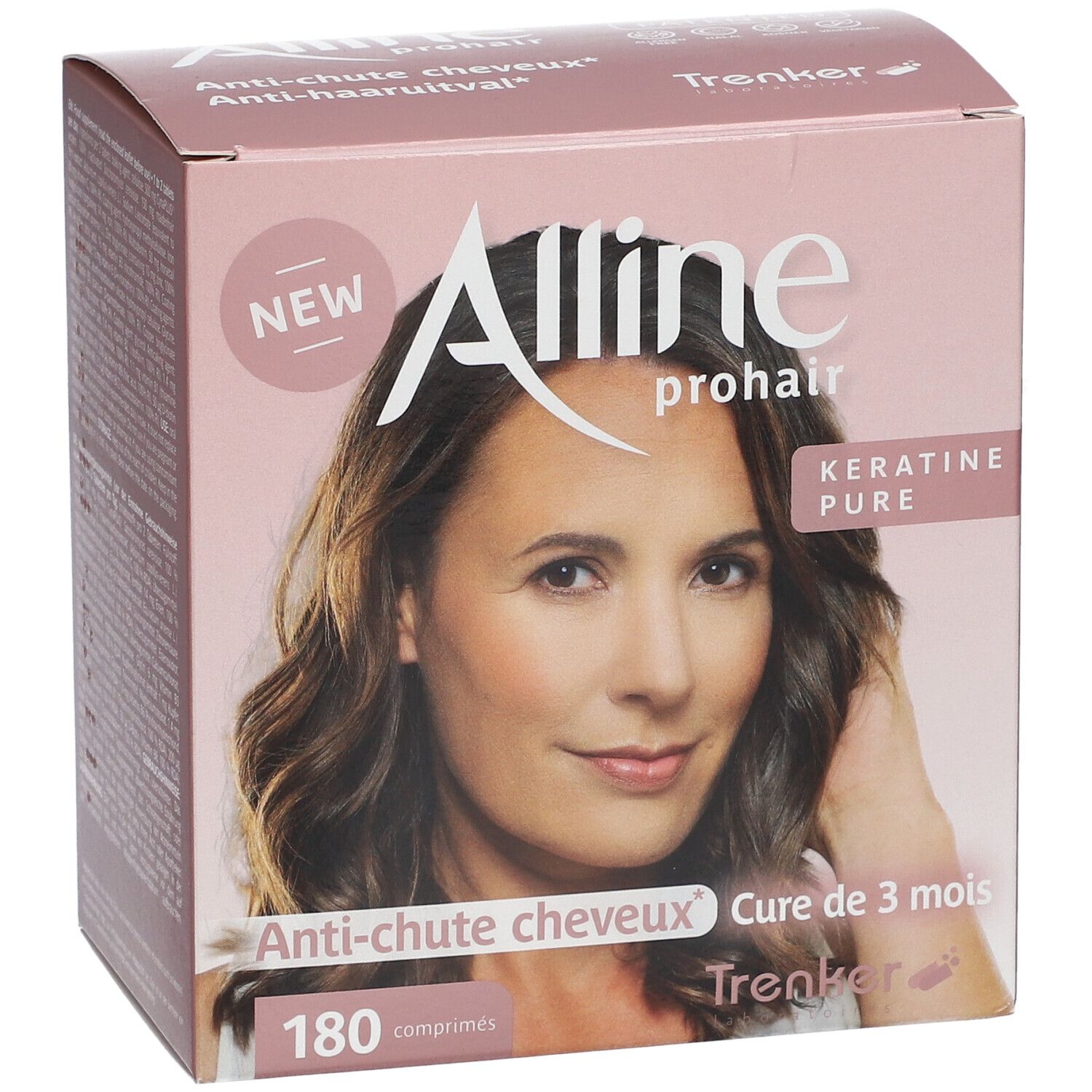 Roze doos met productafbeelding en tekst "Alline prohair". Bevat 180 tabletten. Tekst: Anti-haaruitval.