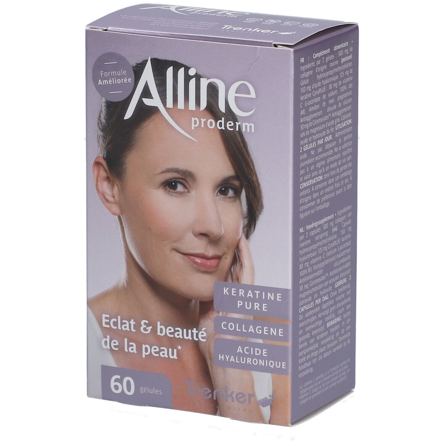 Boîte Alline Proderm Nouvelle Formule. Inscription: Eclat & beauté de la peau, 60 gélules. Contient kératine, collagène, acide hyaluronique.