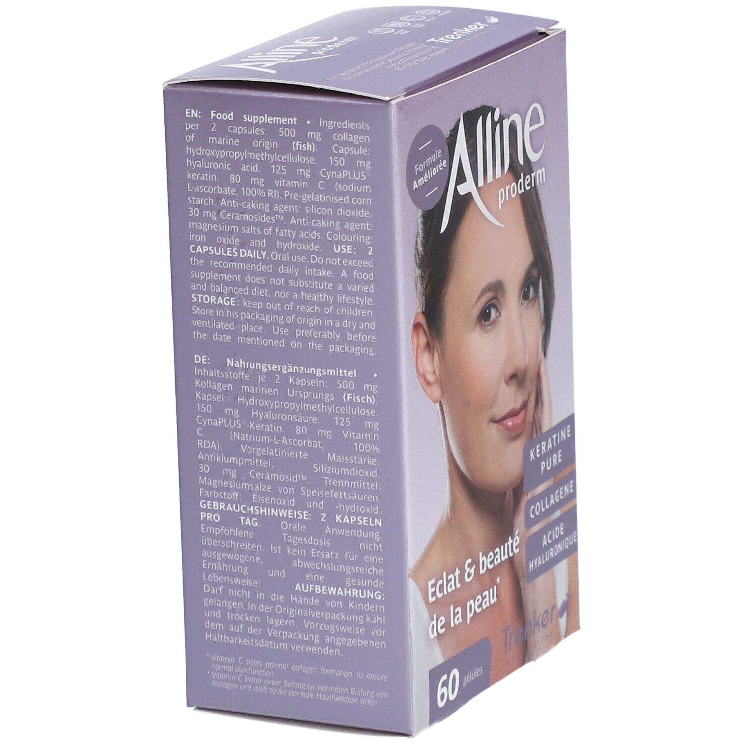 Boîte Alline Proderm Nouvelle Formule. Inscription: Eclat & beauté de la peau, 60 gélules. Contient kératine, collagène, acide hyaluronique. Ingrédients au dos.