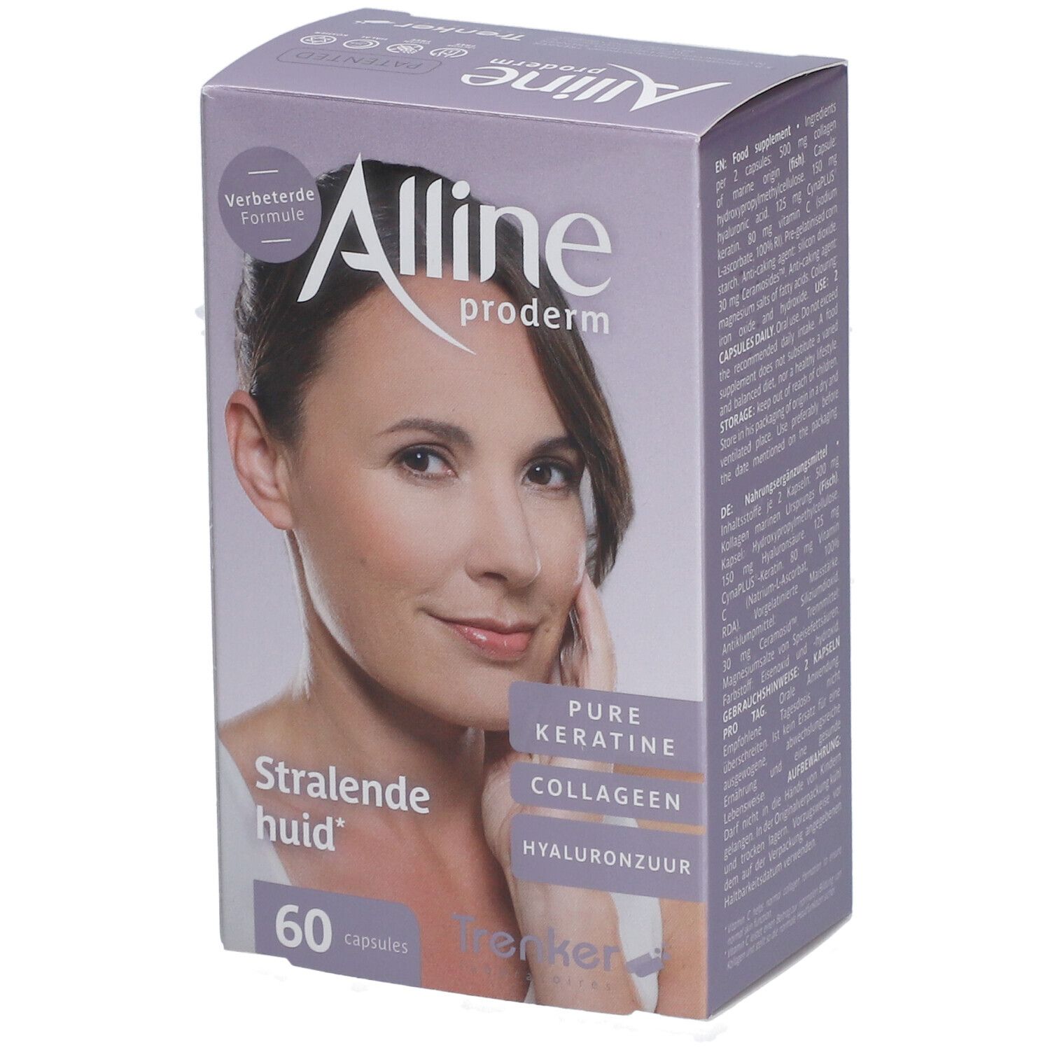 Boîte Alline Proderm Nouvelle Formule. Inscription: Strahlende huid, 60 capsules. Contient kératine, collagène, acide hyaluronique.