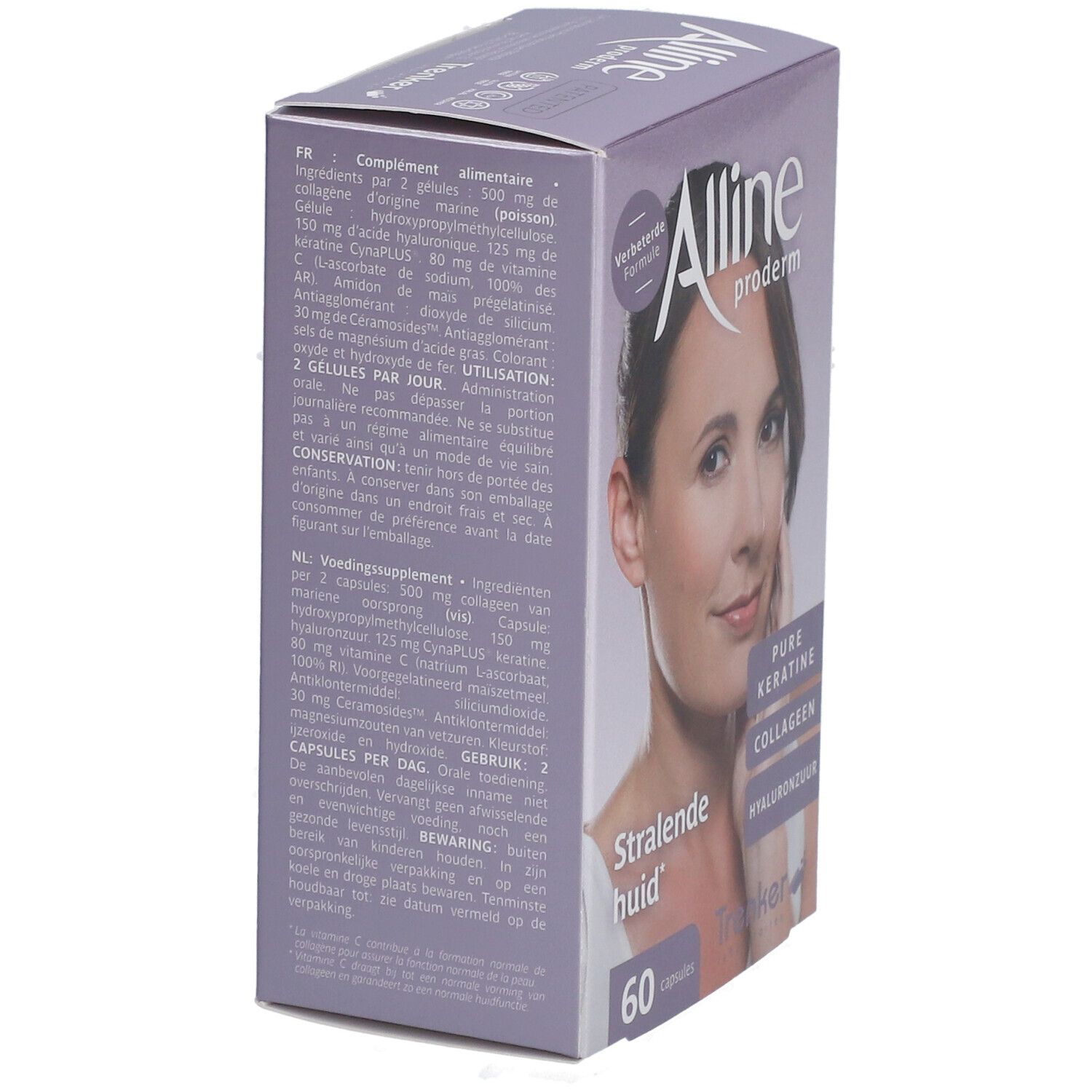 Boîte Alline Proderm Nouvelle Formule. Inscription: Strahlende huid, 60 capsules. Contient kératine, collagène, acide hyaluronique. Ingrédients au dos.