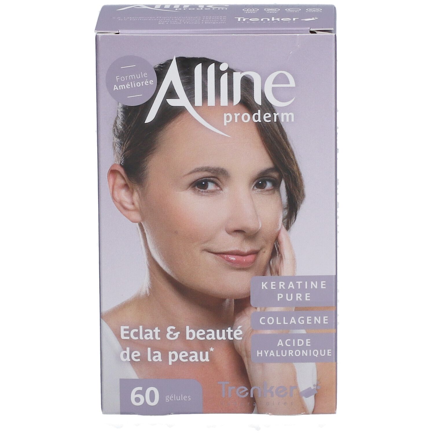 Boîte Alline Proderm Nouvelle Formule. Inscription: Eclat & beauté de la peau, 60 gélules. Contient kératine, collagène, acide hyaluronique.