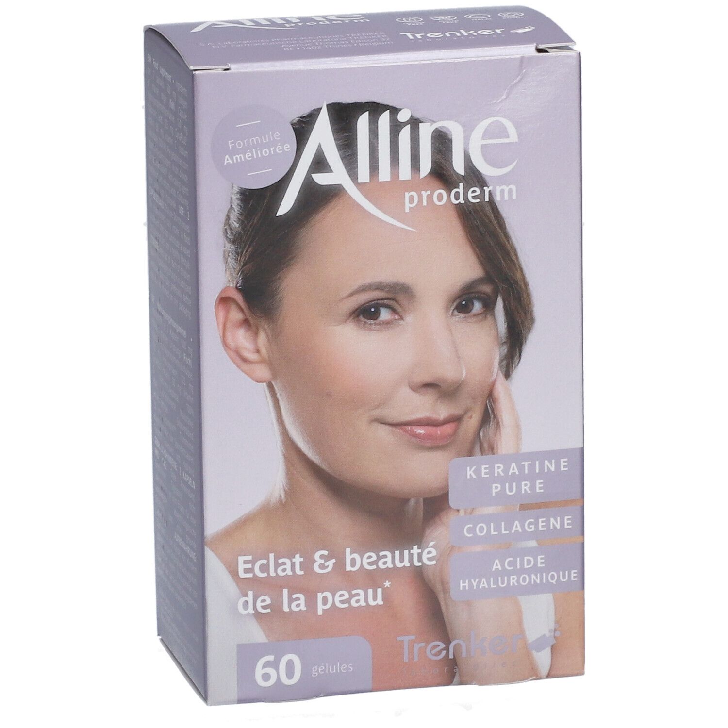 Boîte Alline Proderm Nouvelle Formule. Inscription: Eclat & beauté de la peau, 60 gélules. Contient kératine, collagène, acide hyaluronique.