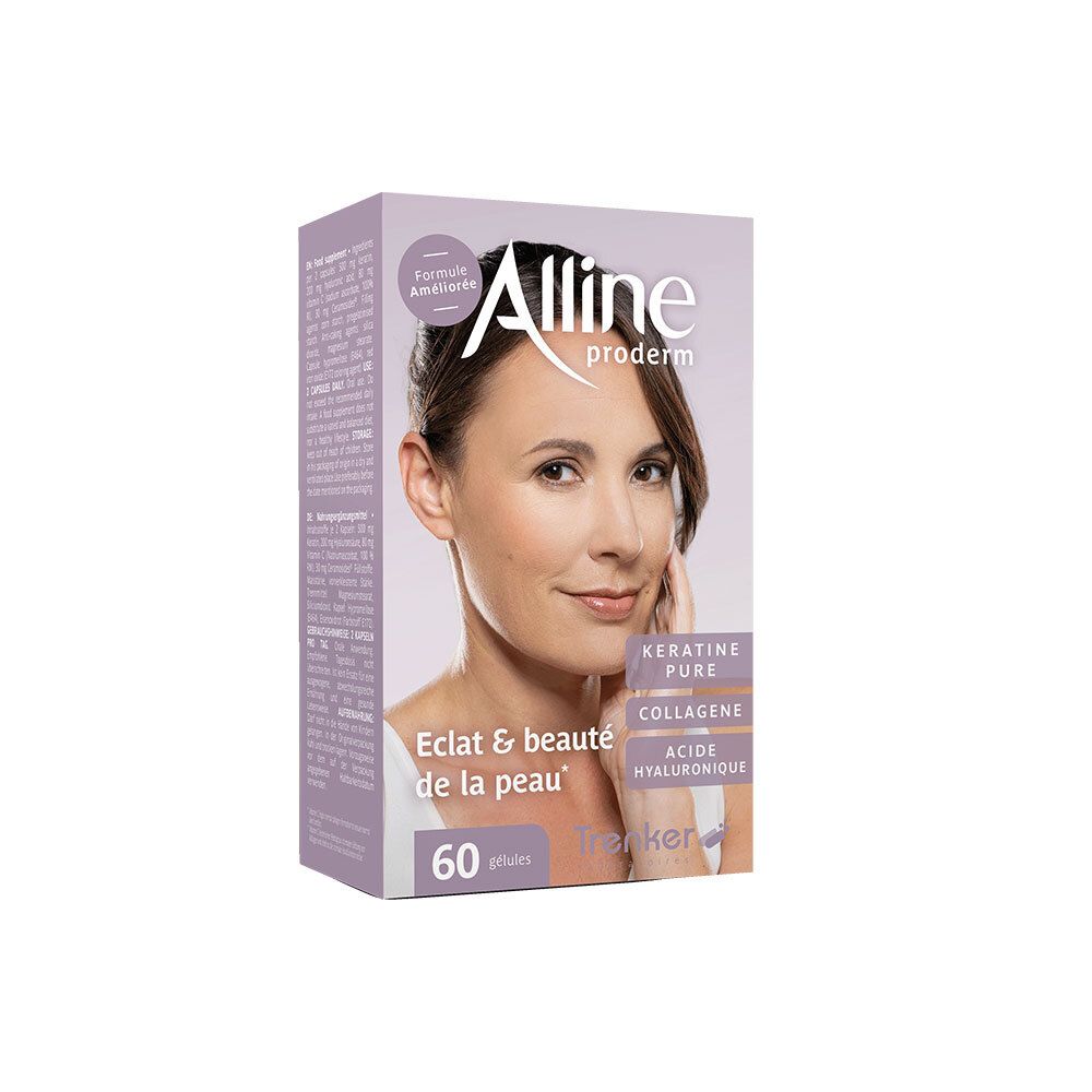 Boîte Alline Proderm Nouvelle Formule. Inscription: Eclat & beauté de la peau, 60 gélules. Contient kératine, collagène, acide hyaluronique.
