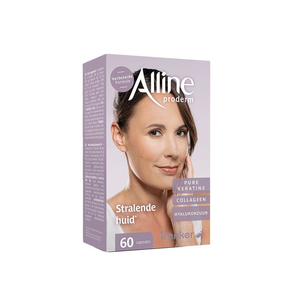 Verpakking Alline Proderm Nouvelle Formule. Opschrift: Strahlende huid, 60 capsules. Bevat keratine, collageen, hyaluronzuur.