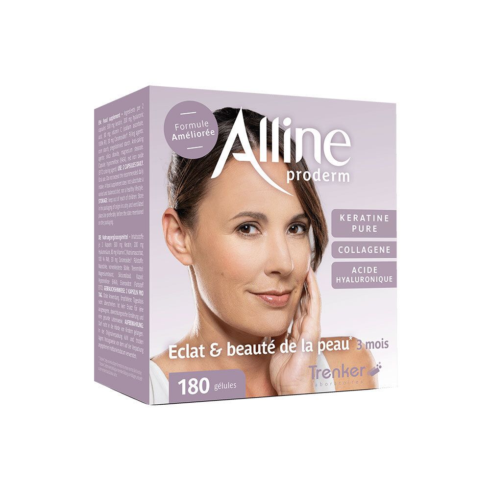 Boîte Alline Proderm. Contient 180 gélules. Les mots kératine, collagène et acide hyaluronique sont visibles sur l'emballage.
