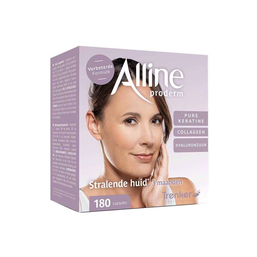Alline Proderm verpakking. Bevat 180 capsules. De woorden keratine, collageen en hyaluronzuur zijn zichtbaar op de verpakking.